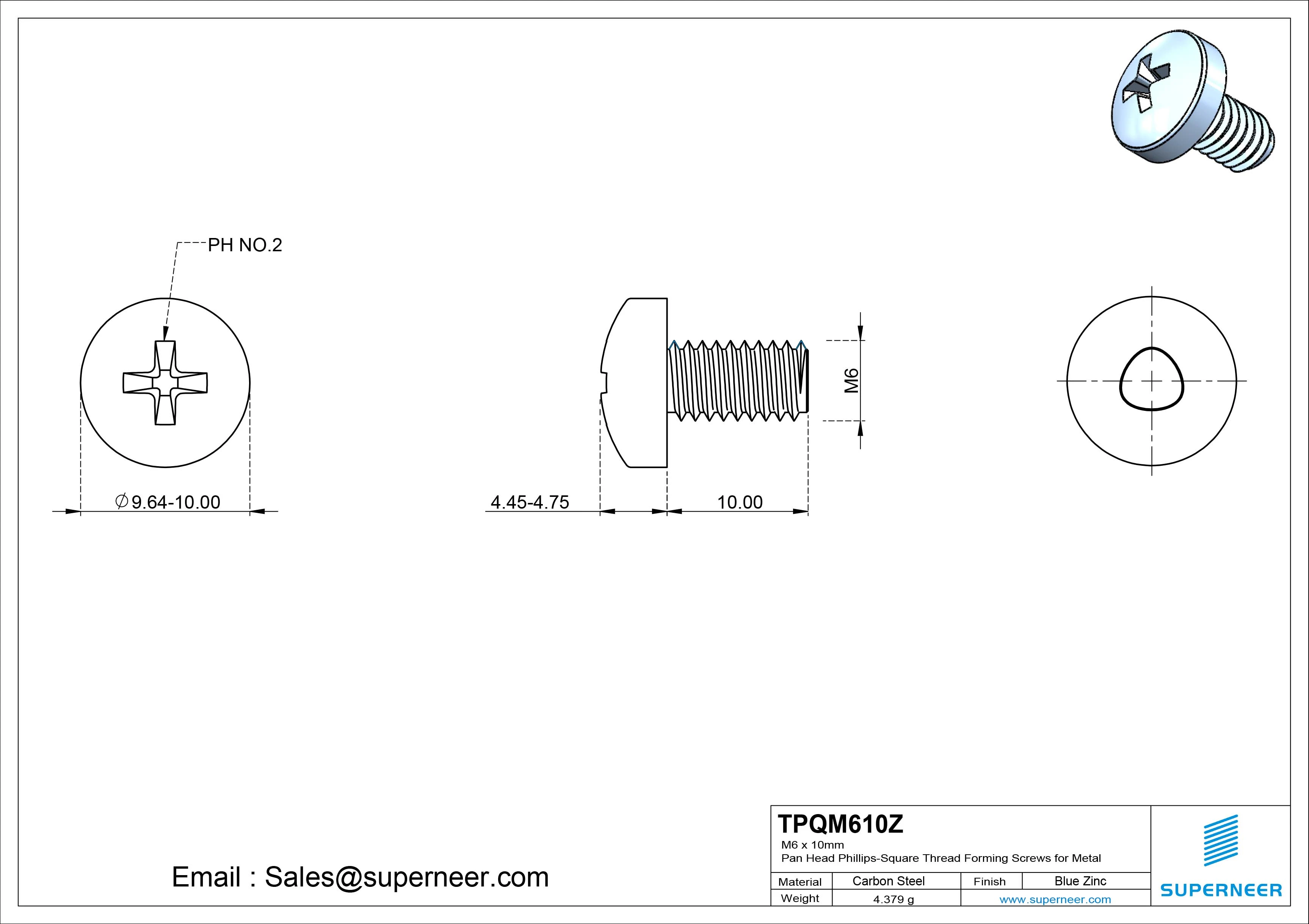 M6 &times; 10mm Pan Head Phillips-Square Thread Forming Screws for Metal Steel Blue Zinc Plated