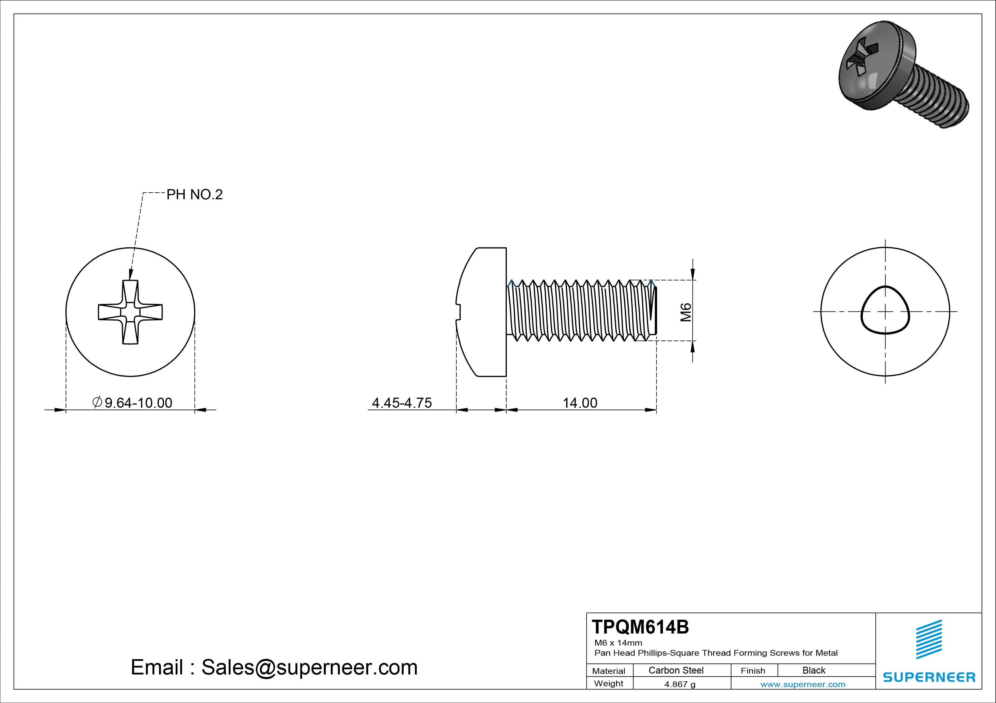 M6 &times; 14mm Pan Head Phillips-Square Thread Forming Screws for Metal Steel Black