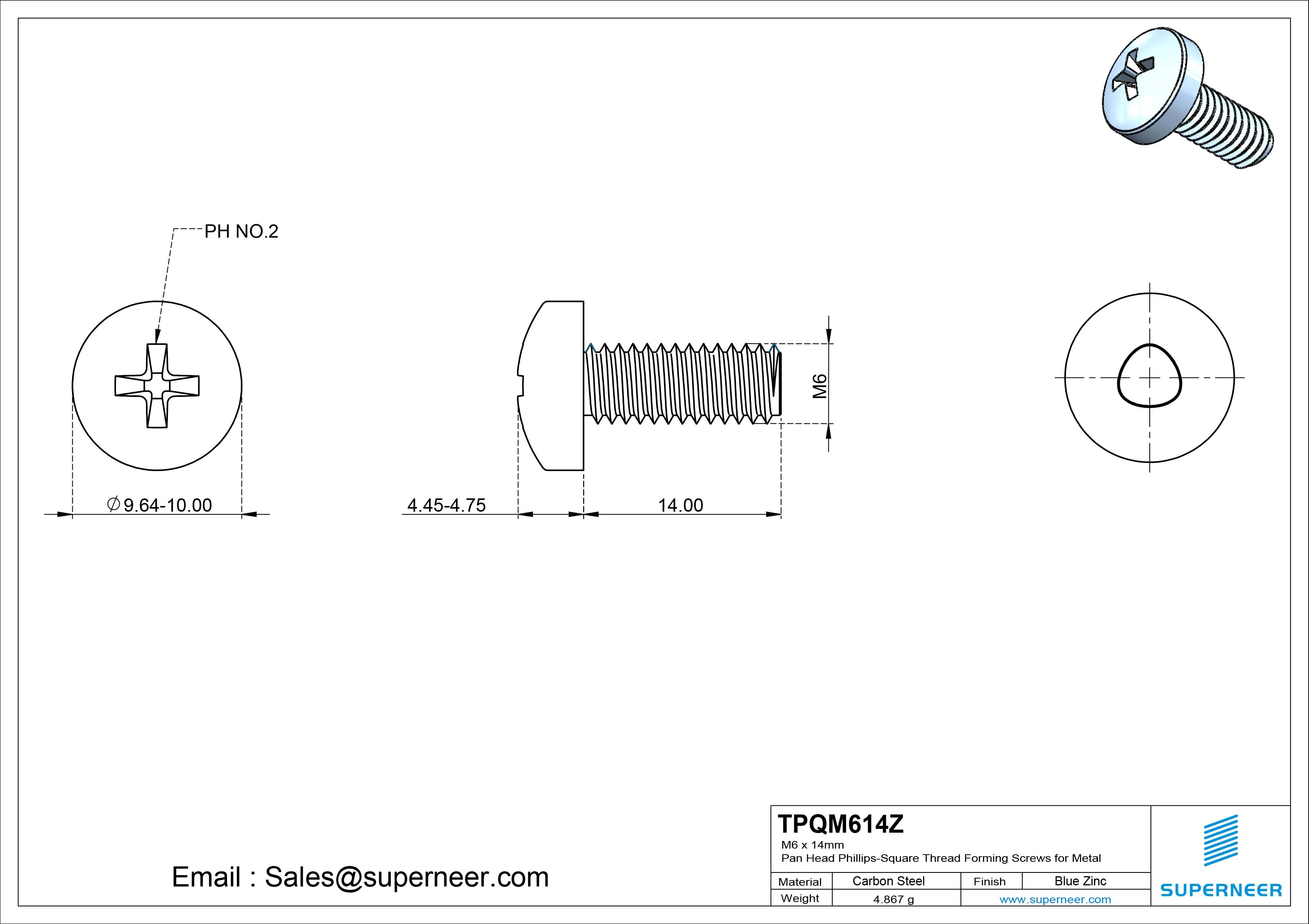M6 &times; 14mm Pan Head Phillips-Square Thread Forming Screws for Metal Steel Blue Zinc Plated