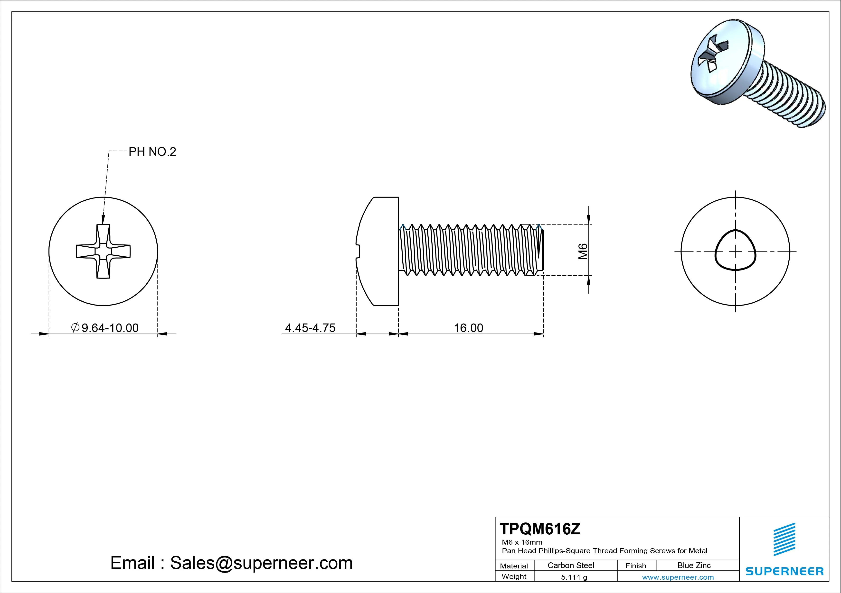 M6 &times; 16mm Pan Head Phillips-Square Thread Forming Screws for Metal Steel Blue Zinc Plated