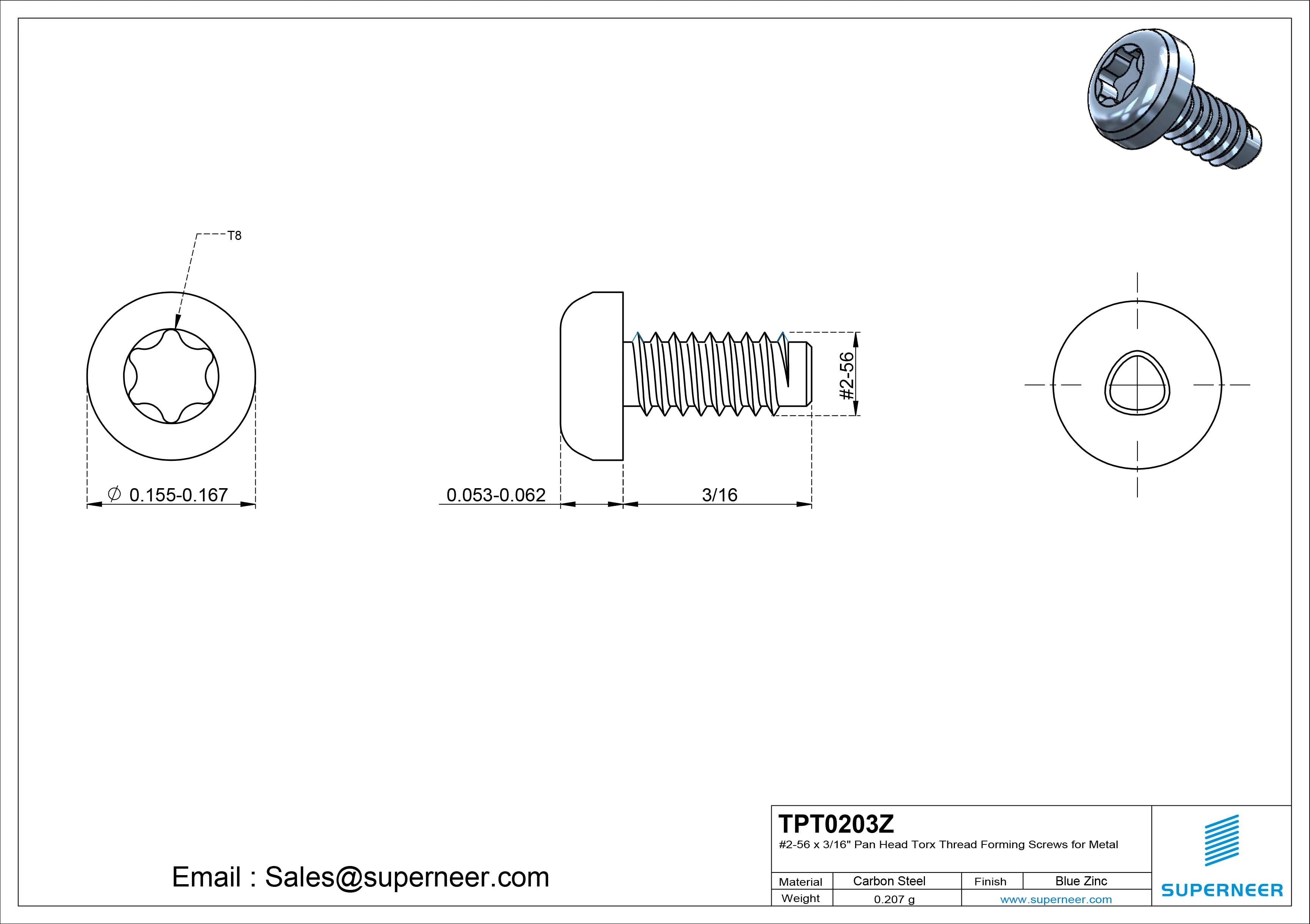 2-56 &times; 3/16 Pan Head Torx Thread Forming  Screws for Metal  Steel Blue Zinc Plated