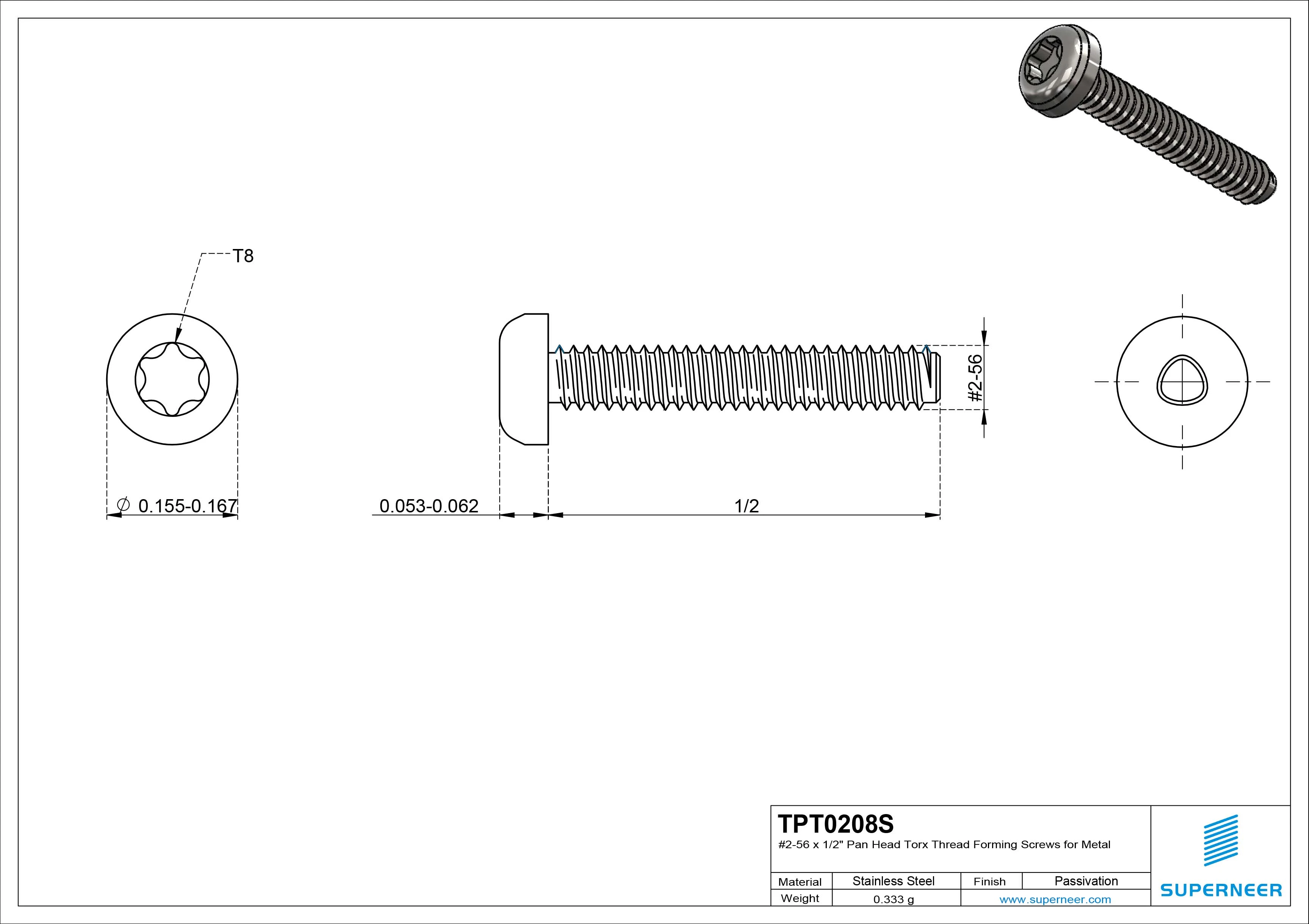 2-56 &times; 1/2 Pan Head Torx Thread Forming  Screws for Metal  SUS304 Stainless Steel Inox