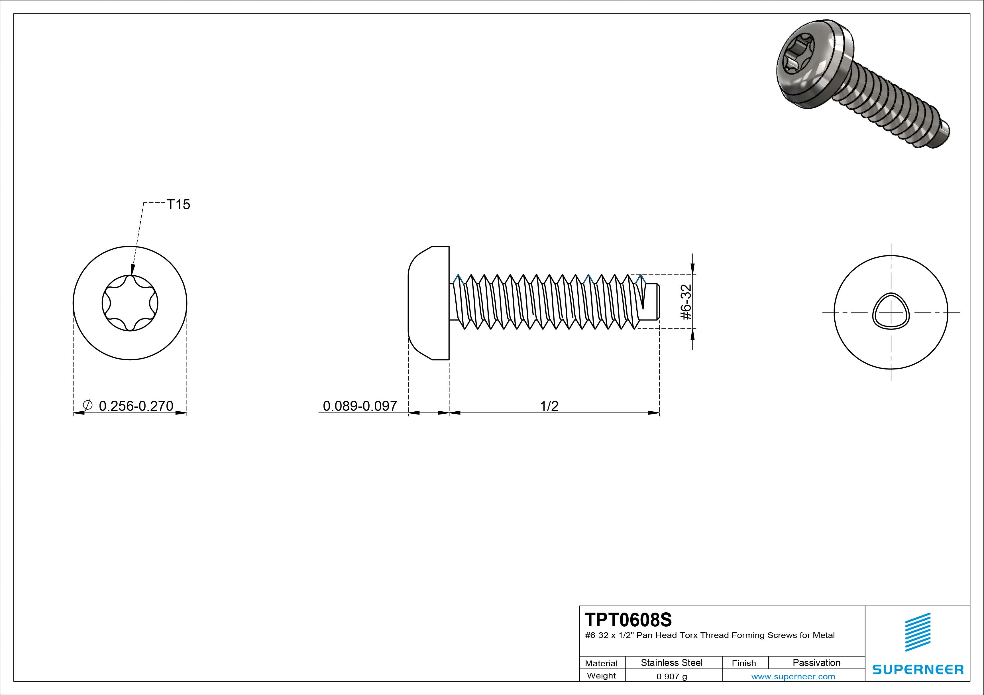 6-32 &times; 1/2 Pan Head Torx Thread Forming  Screws for Metal  SUS304 Stainless Steel Inox