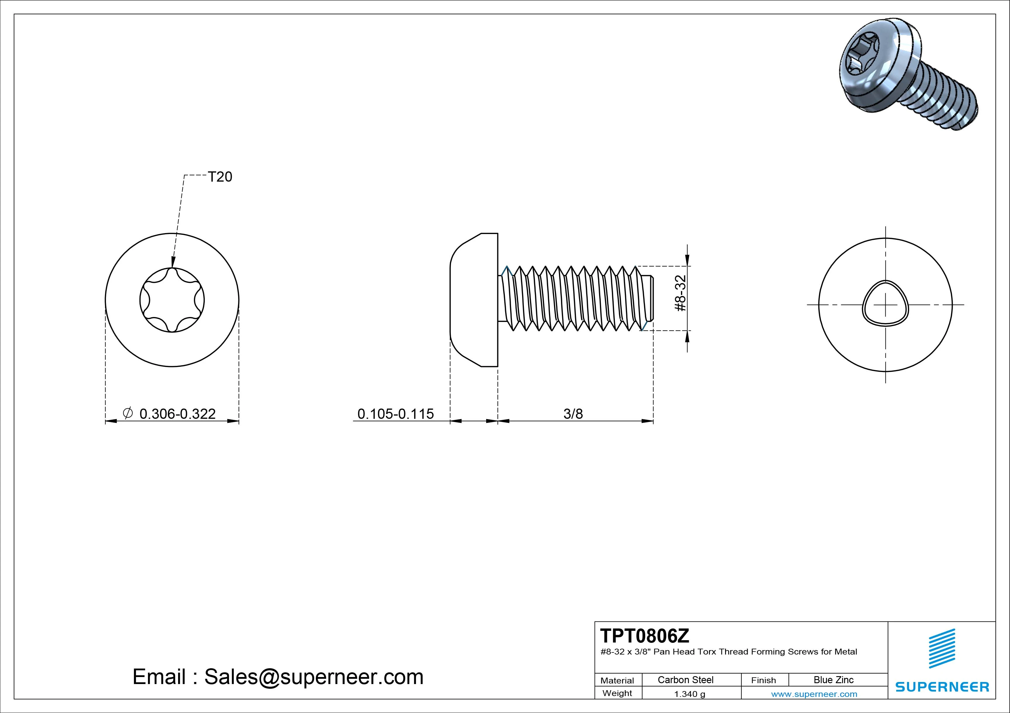 8-32 &times; 3/8 Pan Head Torx Thread Forming  Screws for Metal  Steel Blue Zinc Plated