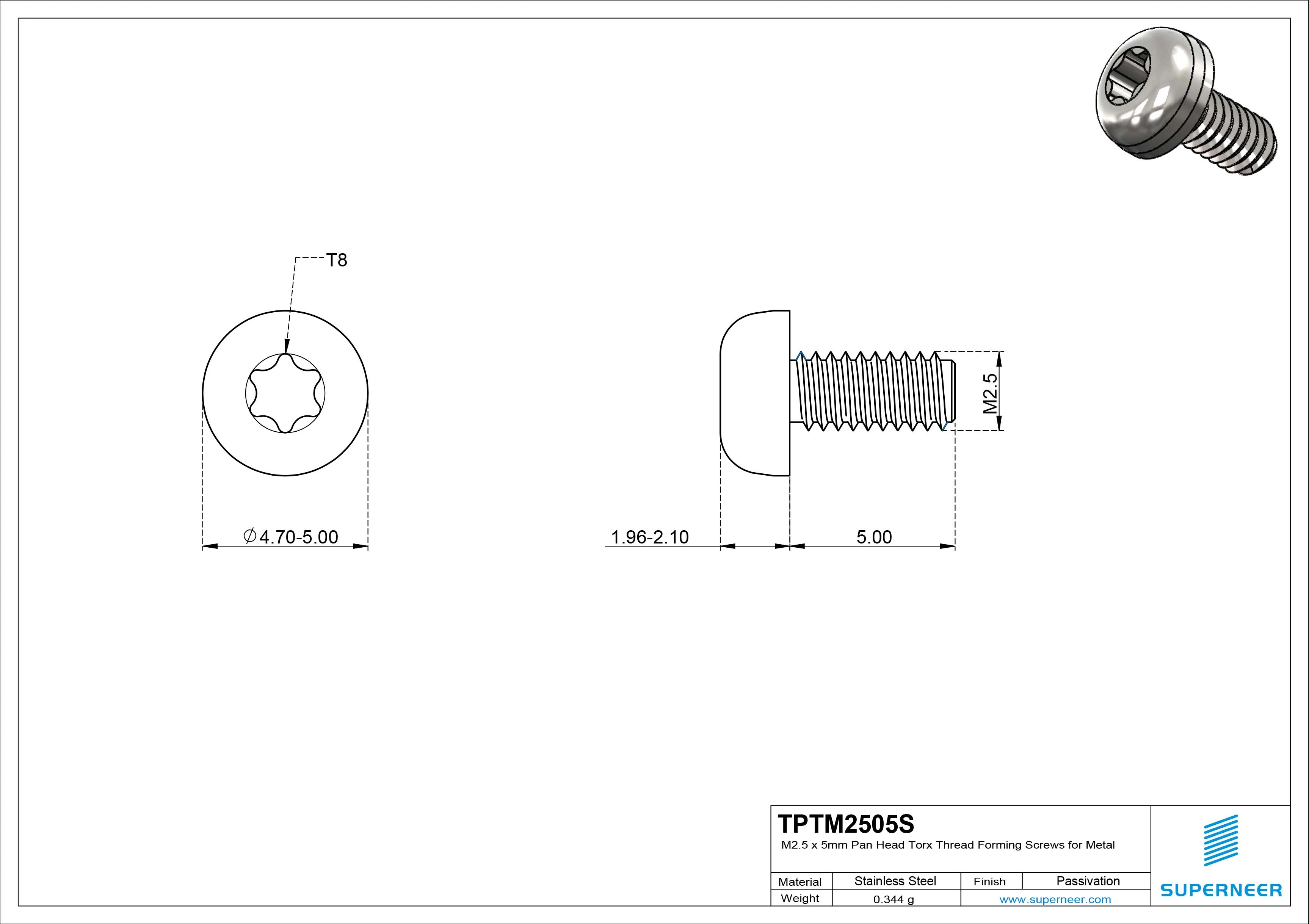 M2.5 &times; 5mm Pan Head Torx Thread Forming Screws for Metal SUS304 Stainless Steel Inox