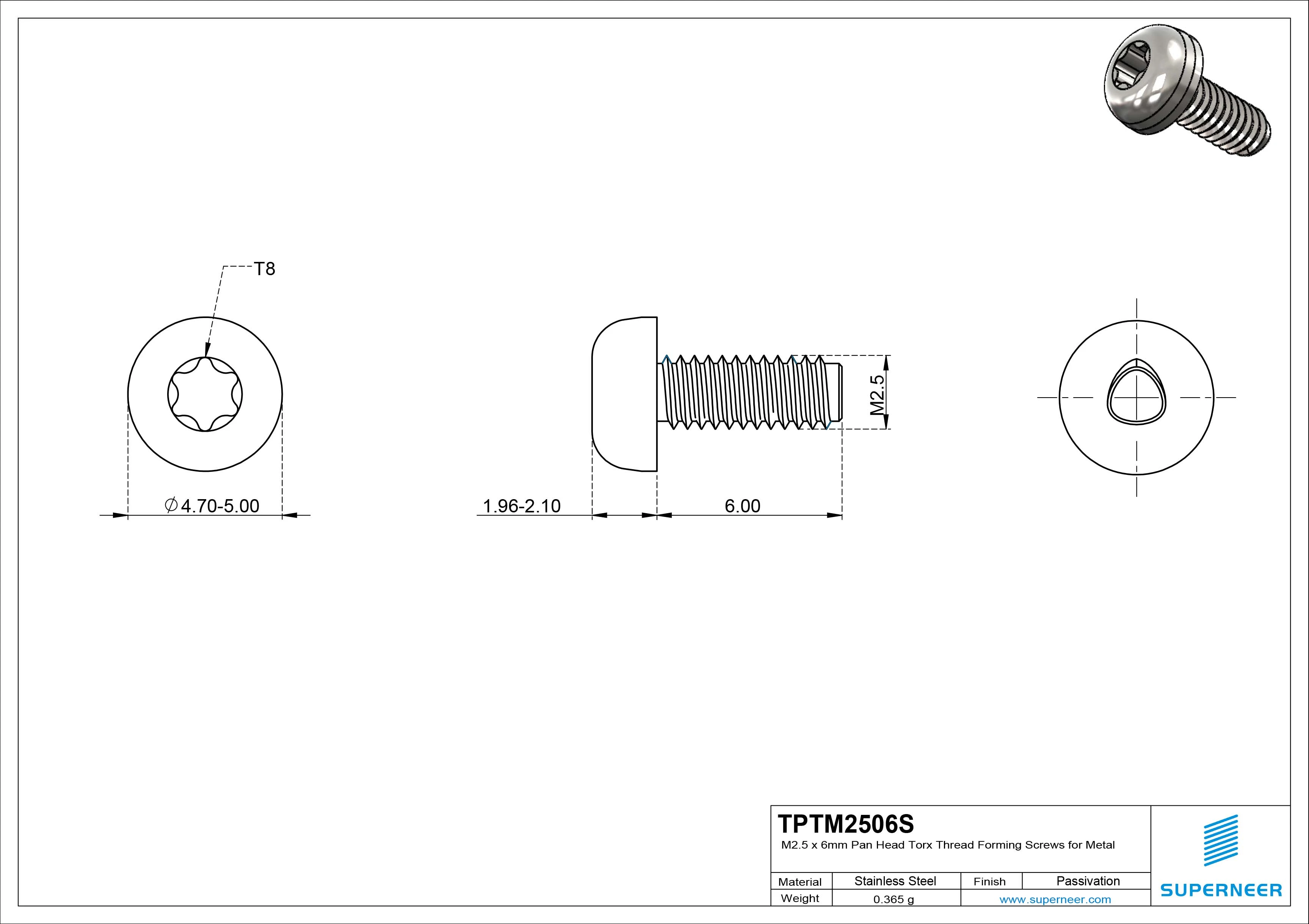 M2.5 &times; 6mm Pan Head Torx Thread Forming Screws for Metal SUS304 Stainless Steel Inox