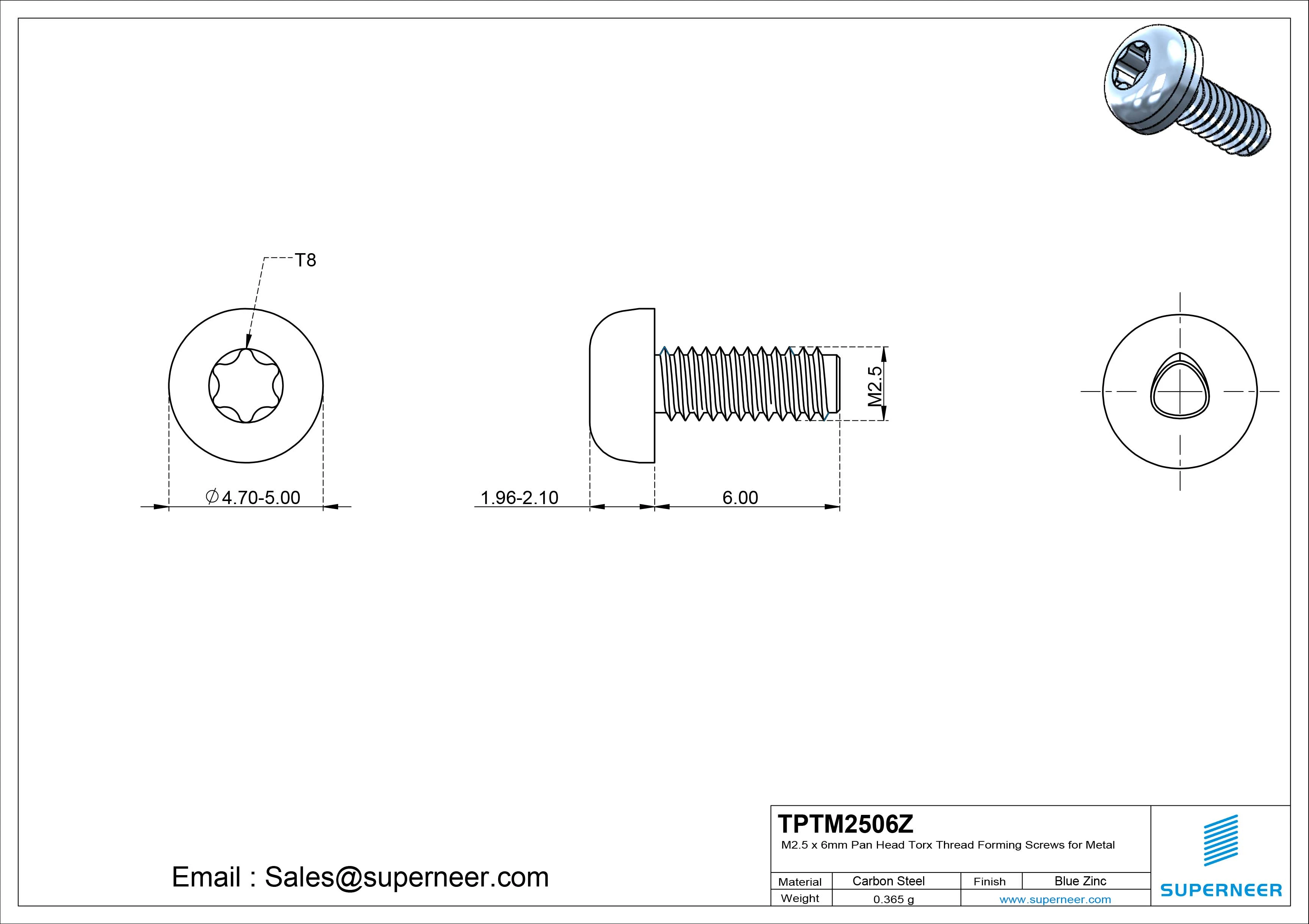 M2.5 &times; 6mm Pan Head Torx Thread Rolling Screws for Metal Steel Blue Zinc Plated