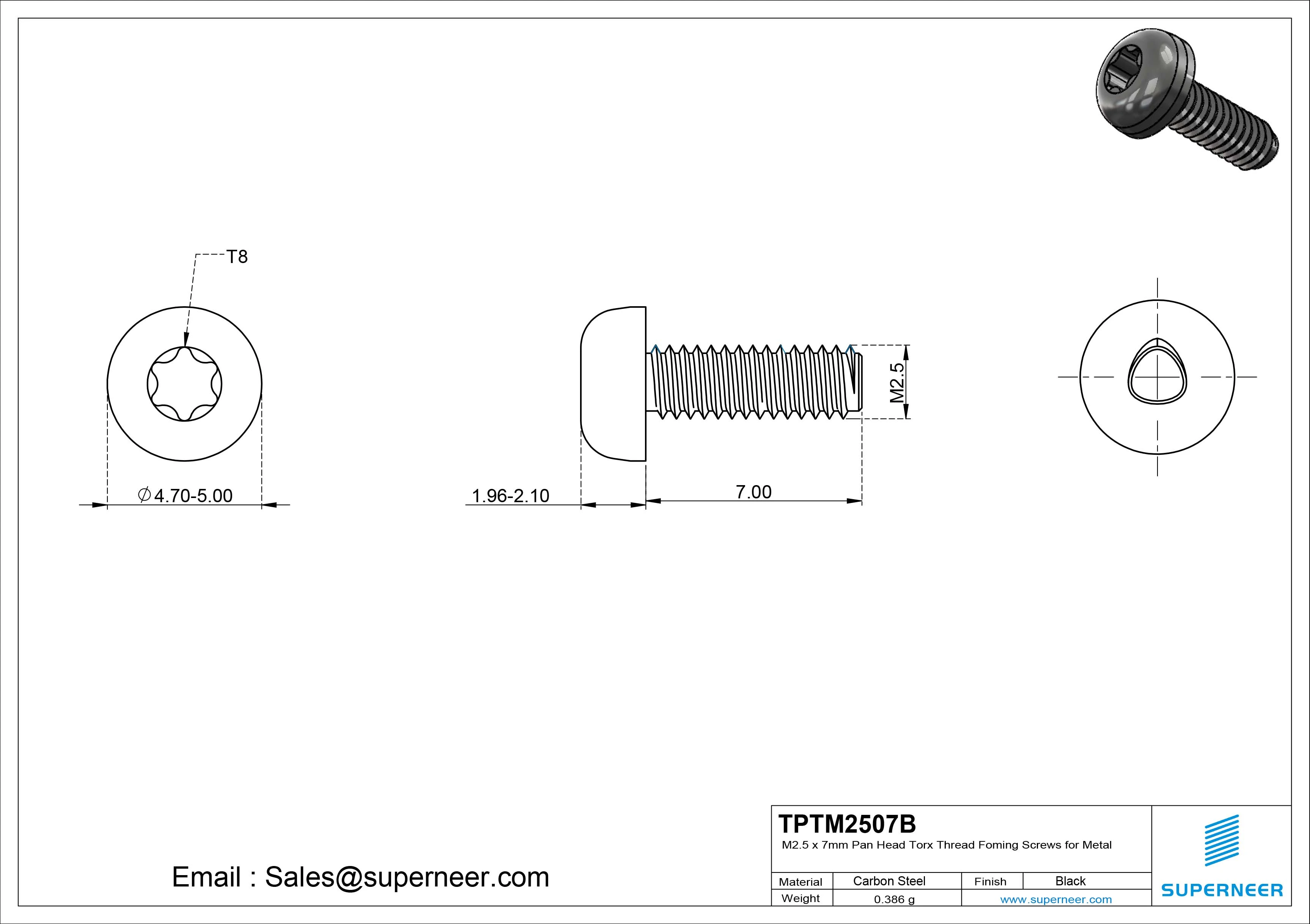 M2.5 &times; 7mm Pan Head Torx Thread Forming Screws for Metal Steel Black