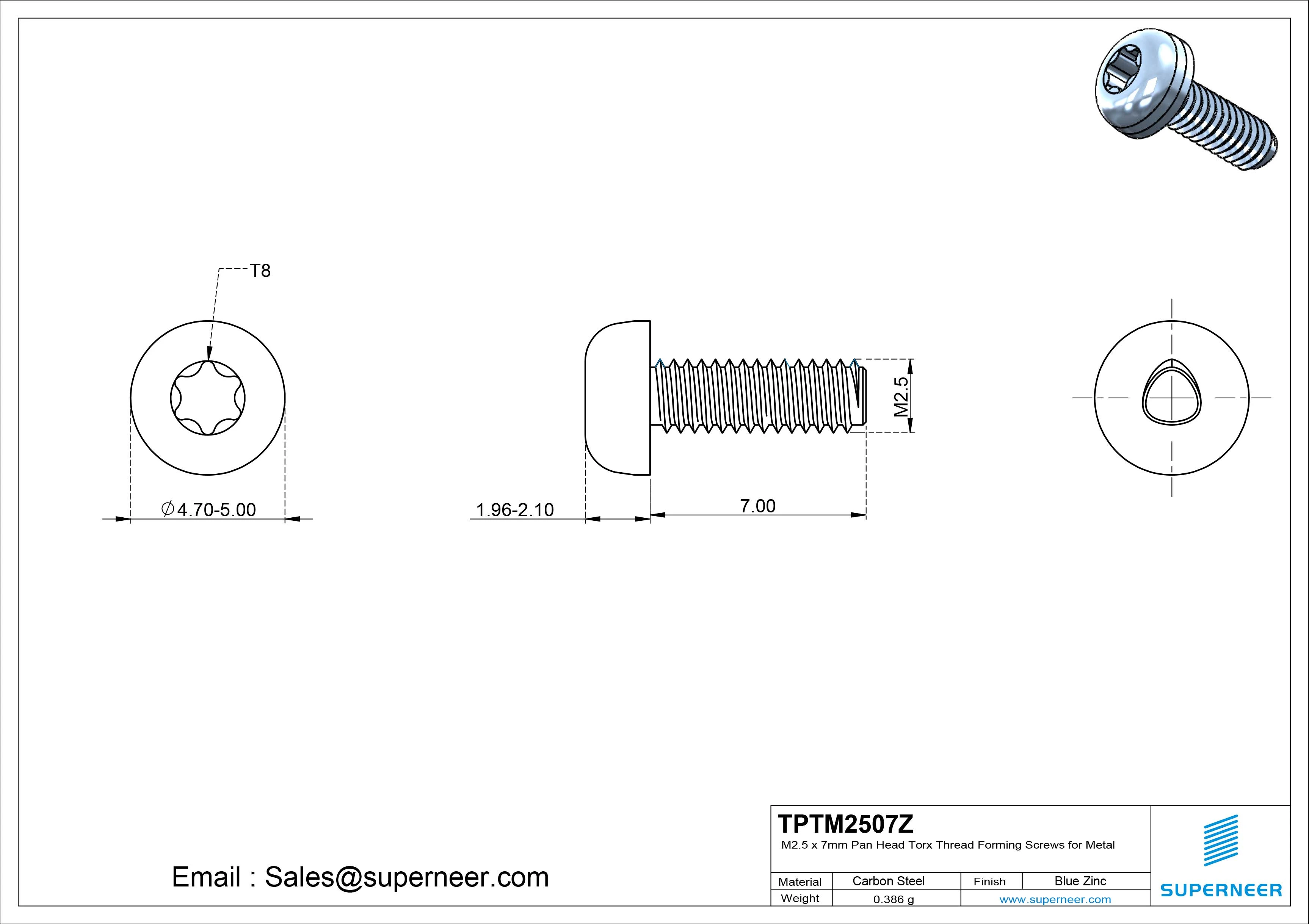 M2.5 &times; 7mm Pan Head Torx Thread Rolling Screws for Metal Steel Blue Zinc Plated