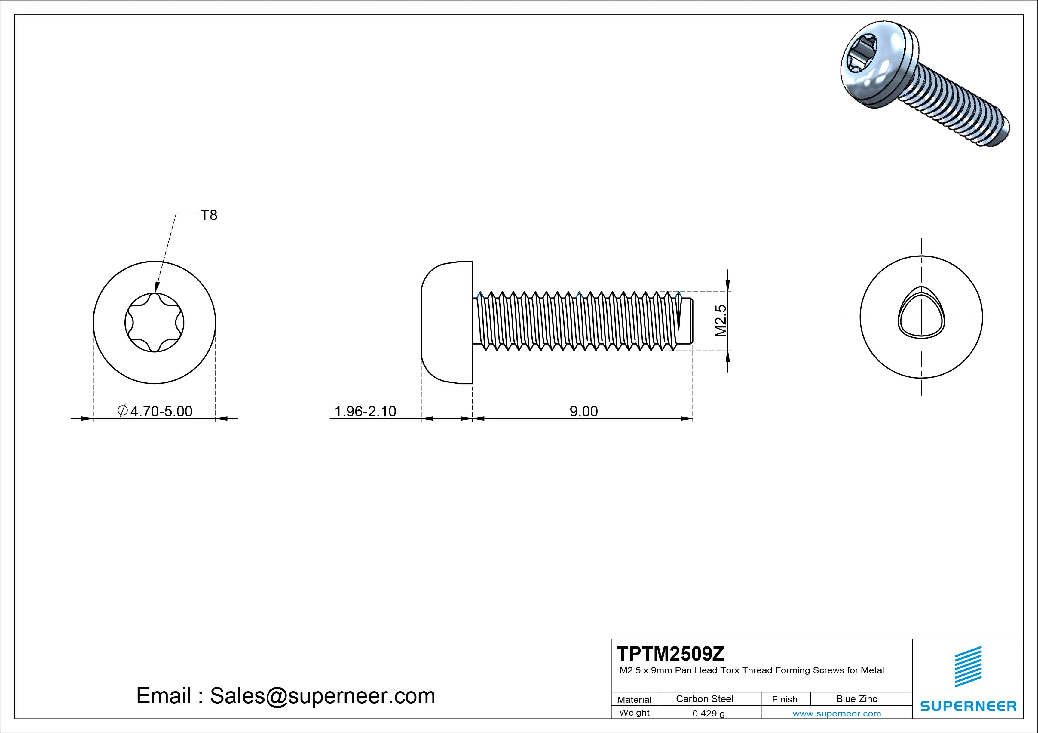 M2.5 &times; 9mm Pan Head Torx Thread Rolling Screws for Metal Steel Blue Zinc Plated