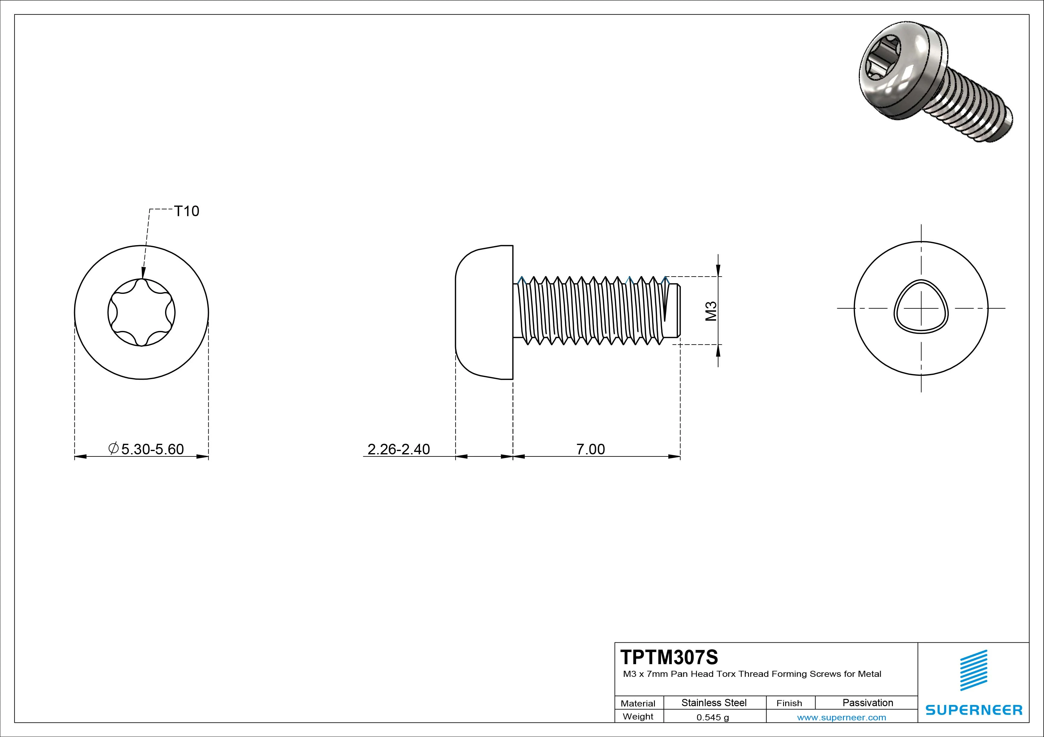 M3 &times; 7mm Pan Head Torx Thread Forming Screws for Metal SUS304 Stainless Steel Inox