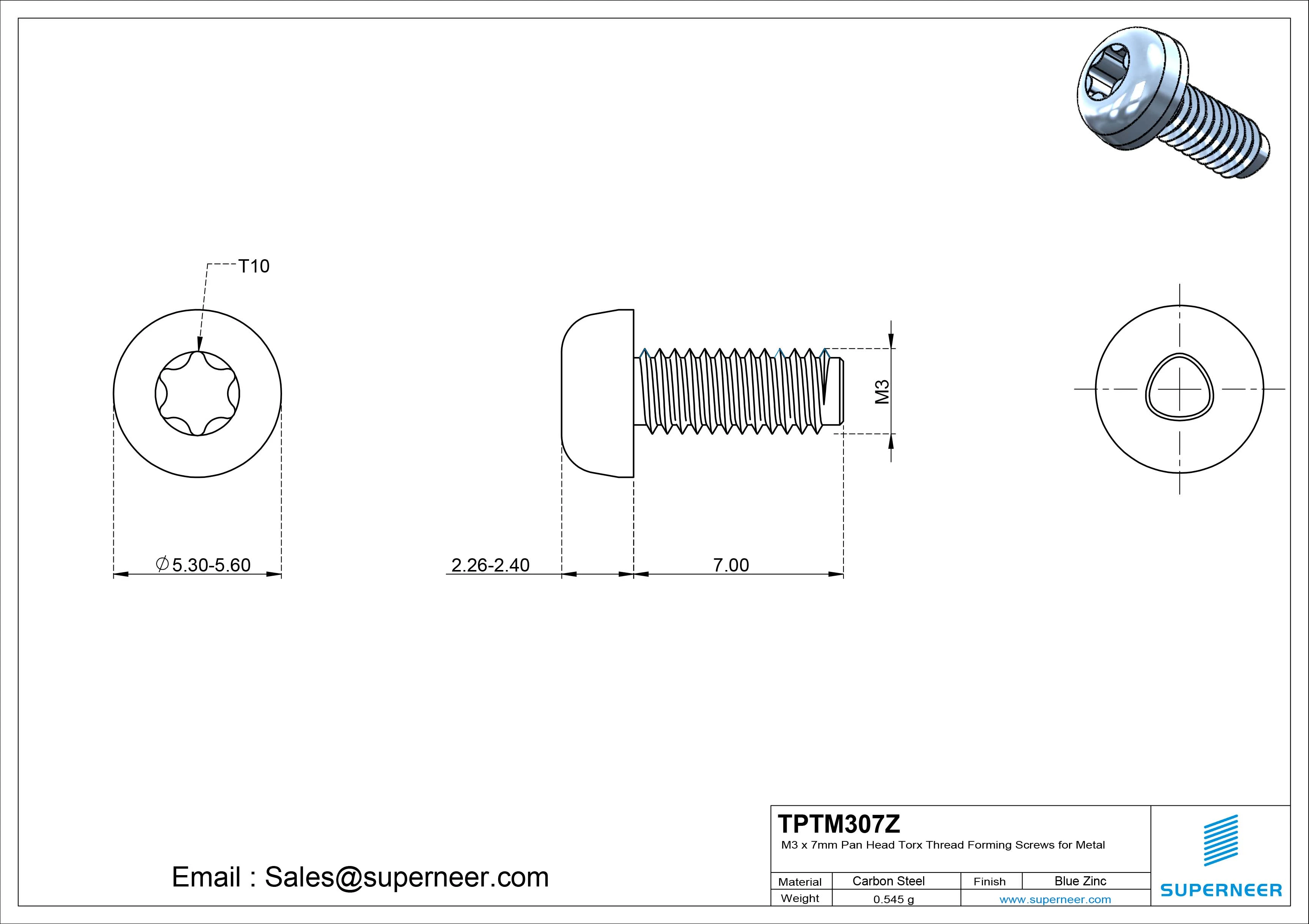M3 &times; 7mm Pan Head Torx Thread Rolling Screws for Metal Steel Blue Zinc Plated