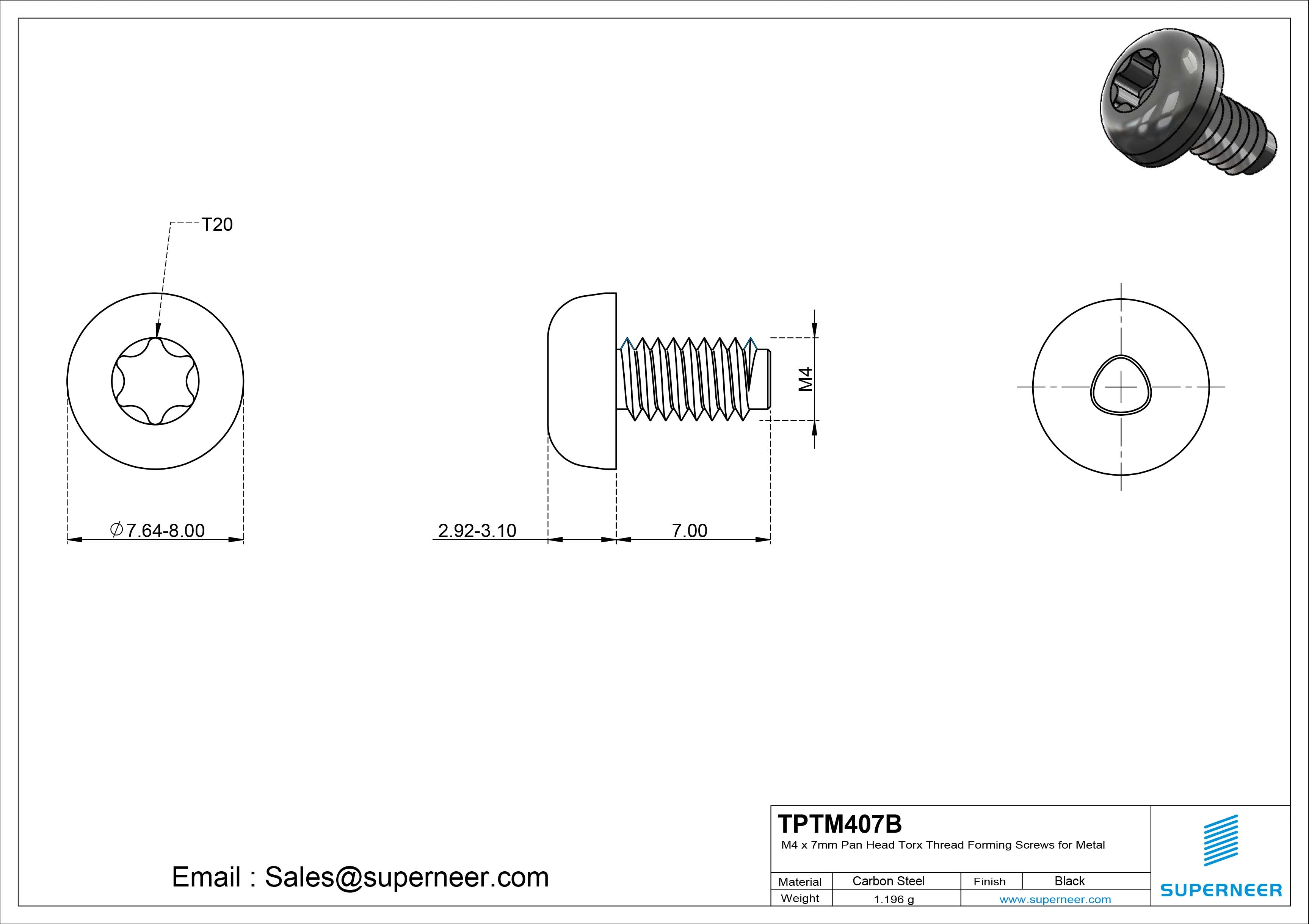 M4 &times; 7mm Pan Head Torx Thread Forming Screws for Metal Steel Black