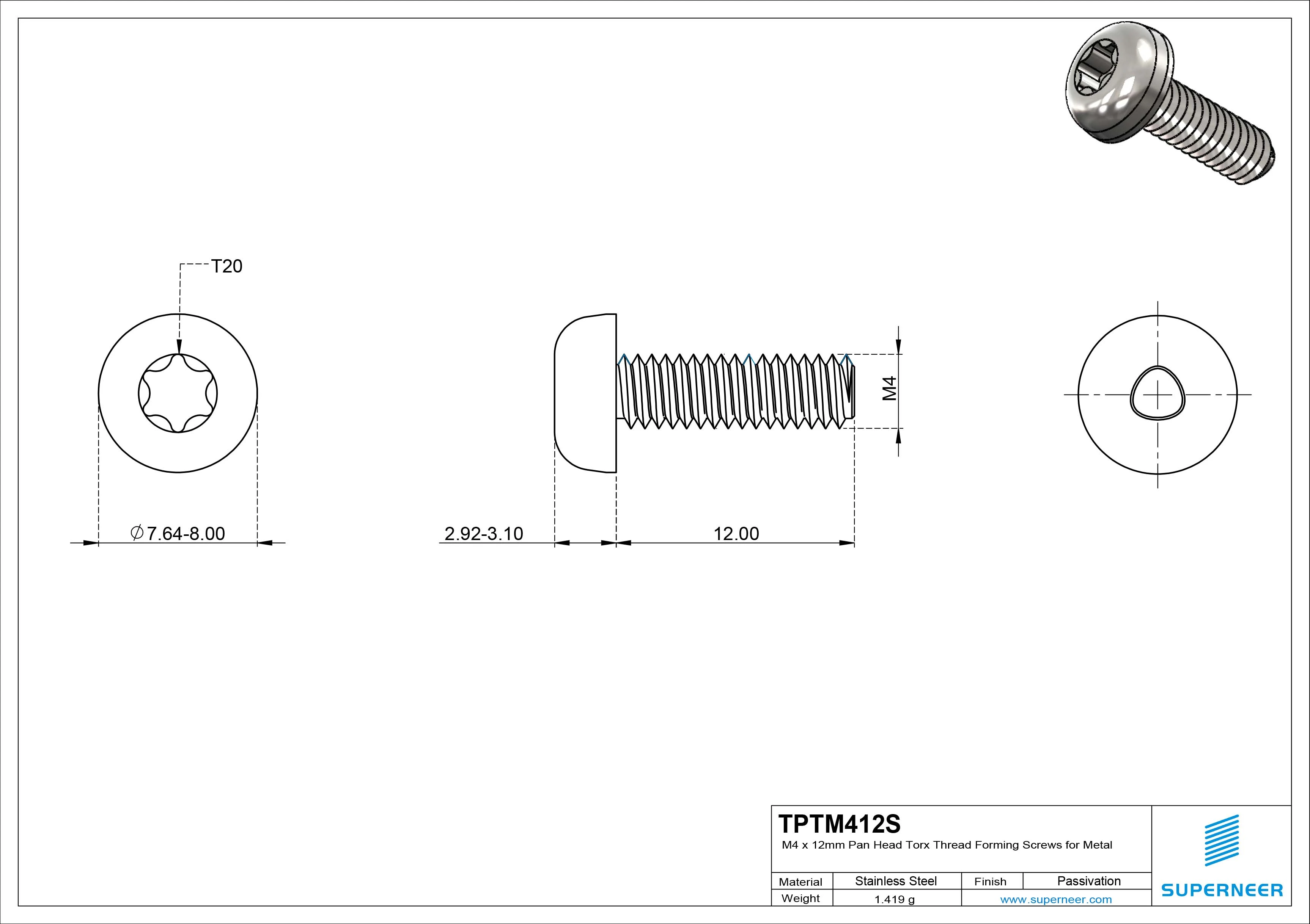 M4 &times; 12mm Pan Head Torx Thread Forming Screws for Metal SUS304 Stainless Steel Inox