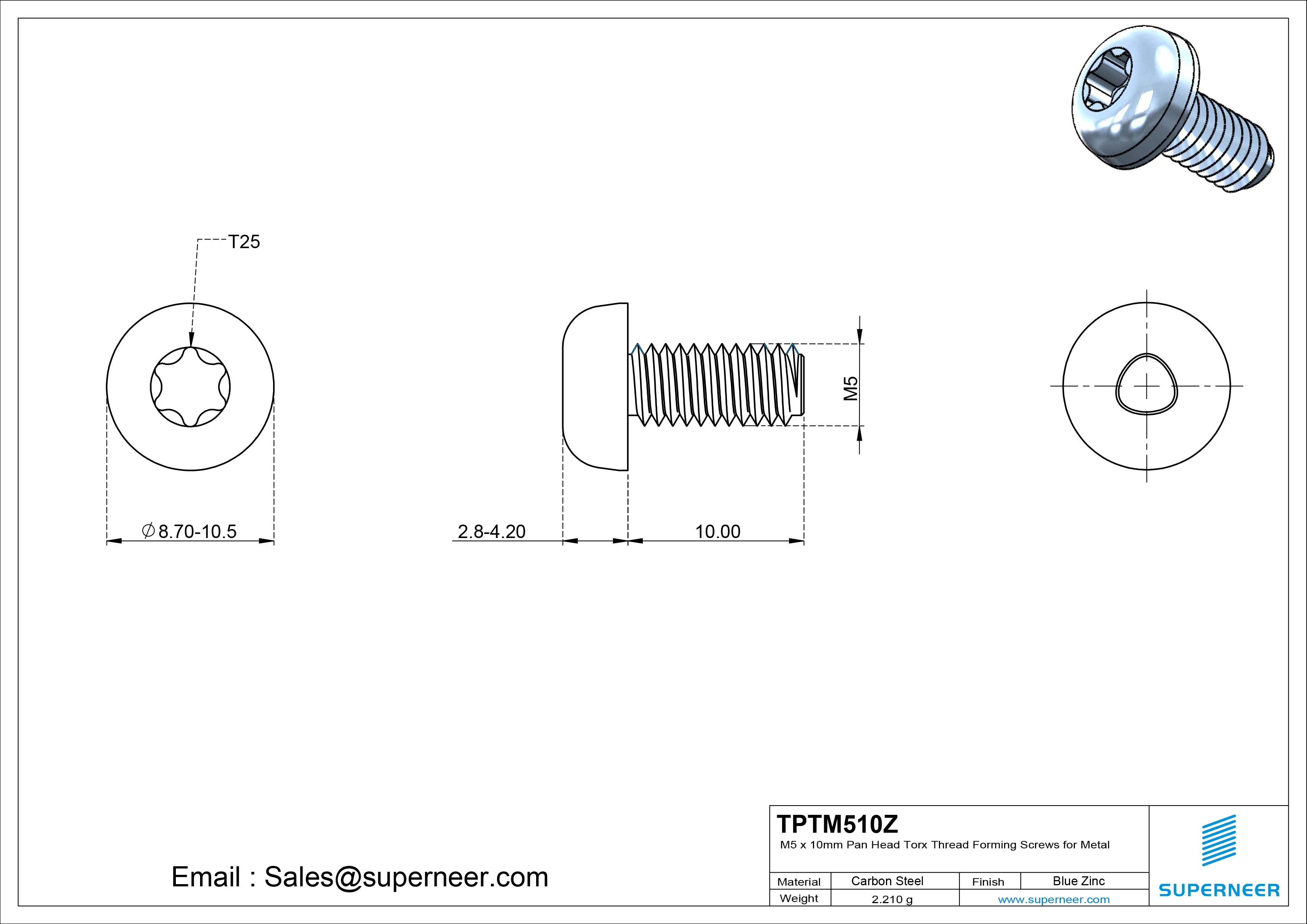 High Quality DIN7500 M5 &times; 10mm Pan Head Torx Thread Forming Screws for Metal Steel Blue Zinc Plated