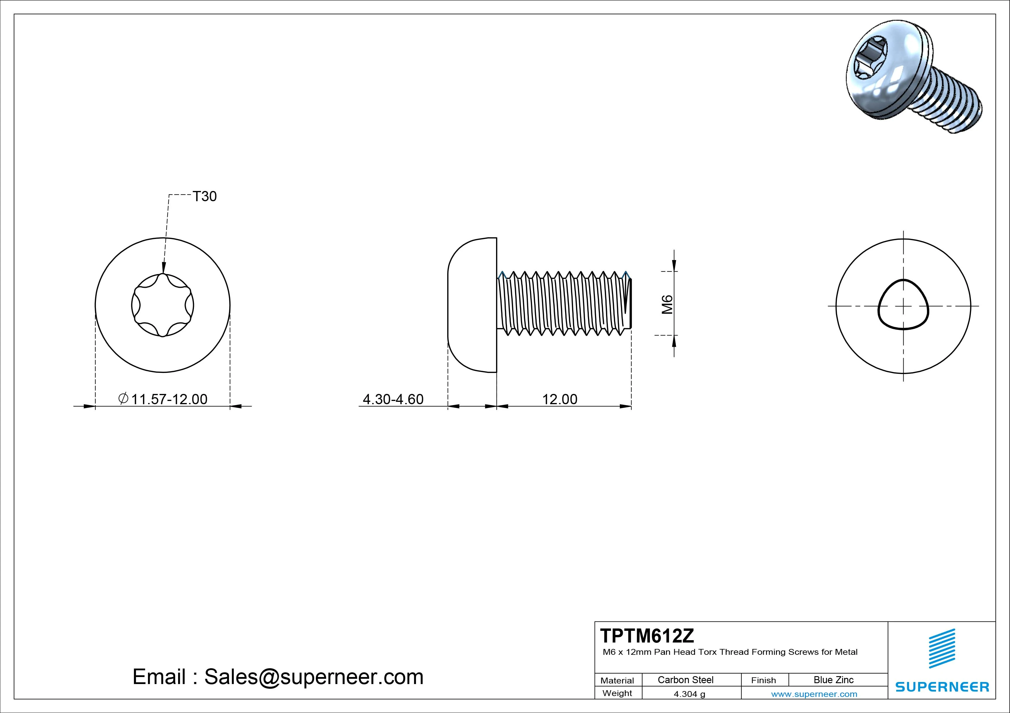 High Quality DIN7500 M6 &times; 12mm Pan Head Torx Thread Rolling Screws for Metal Steel Blue Zinc Plated