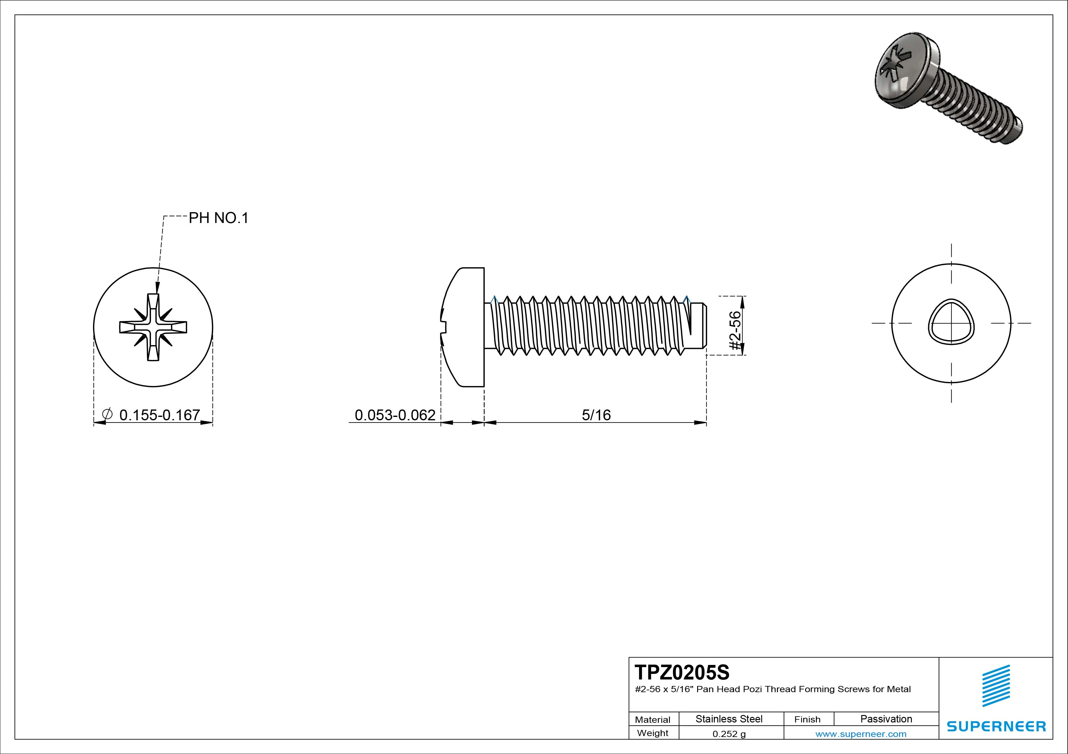 2-56 &times; 5/16 Pan Head Pozi Thread Forming  Screws for Metal  SUS304 Stainless Steel Inox