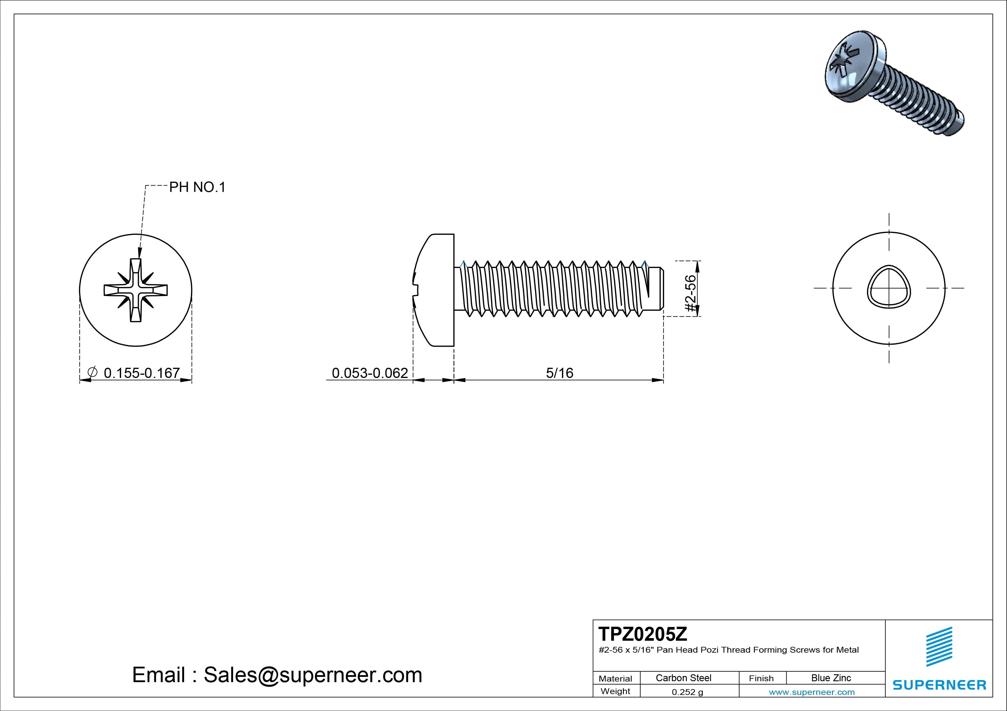 2-56 &times; 5/16 Pan Head Pozi Thread Forming  Screws for Metal  Steel Blue Zinc Plated