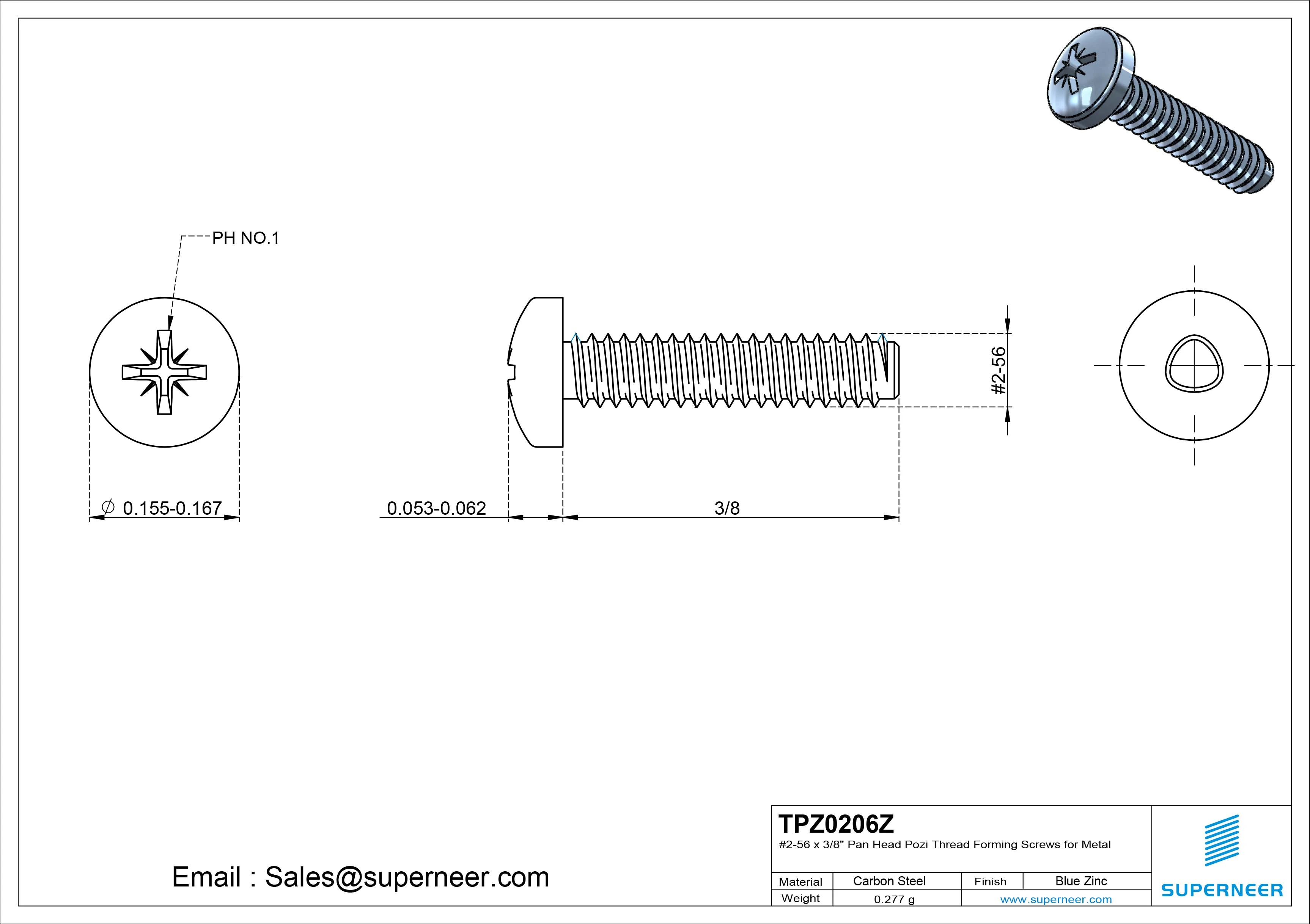 2-56 &times; 3/8 Pan Head Pozi Thread Forming  Screws for Metal  Steel Blue Zinc Plated