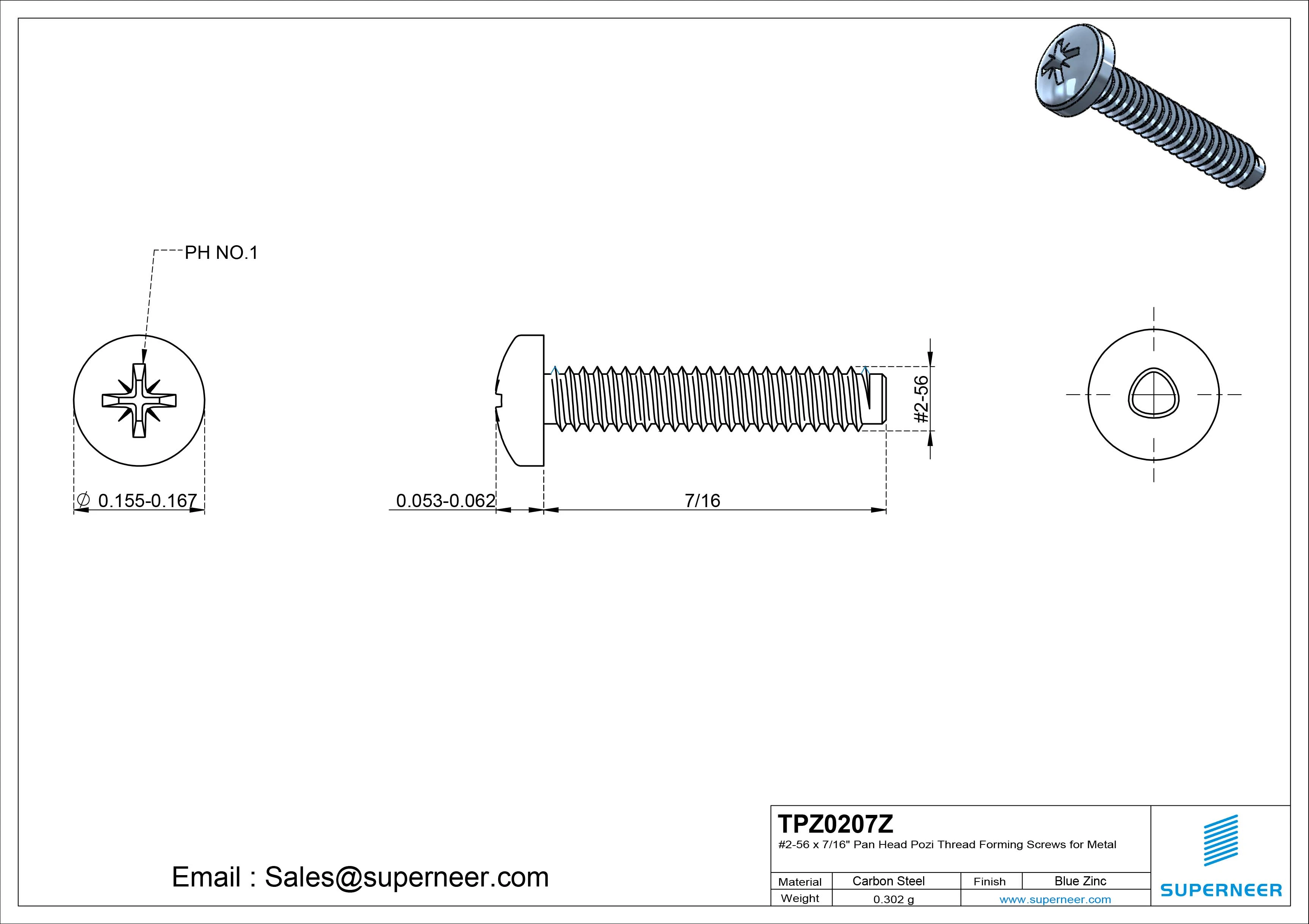 2-56 &times; 7/16 Pan Head Pozi Thread Forming  Screws for Metal  Steel Blue Zinc Plated