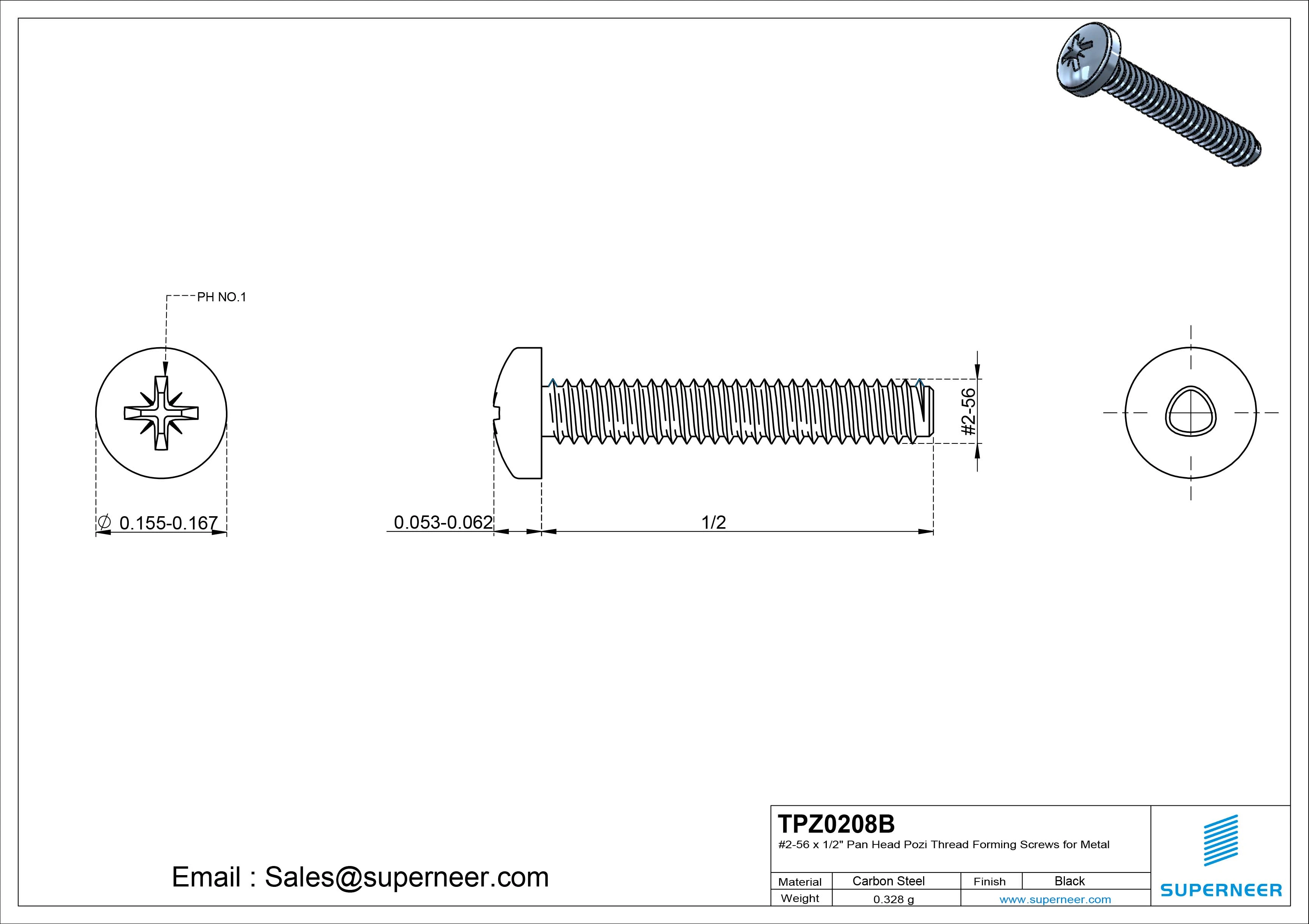 2-56 &times; 1/2 Pan Head Pozi Thread Forming  Screws for Metal  Steel Black