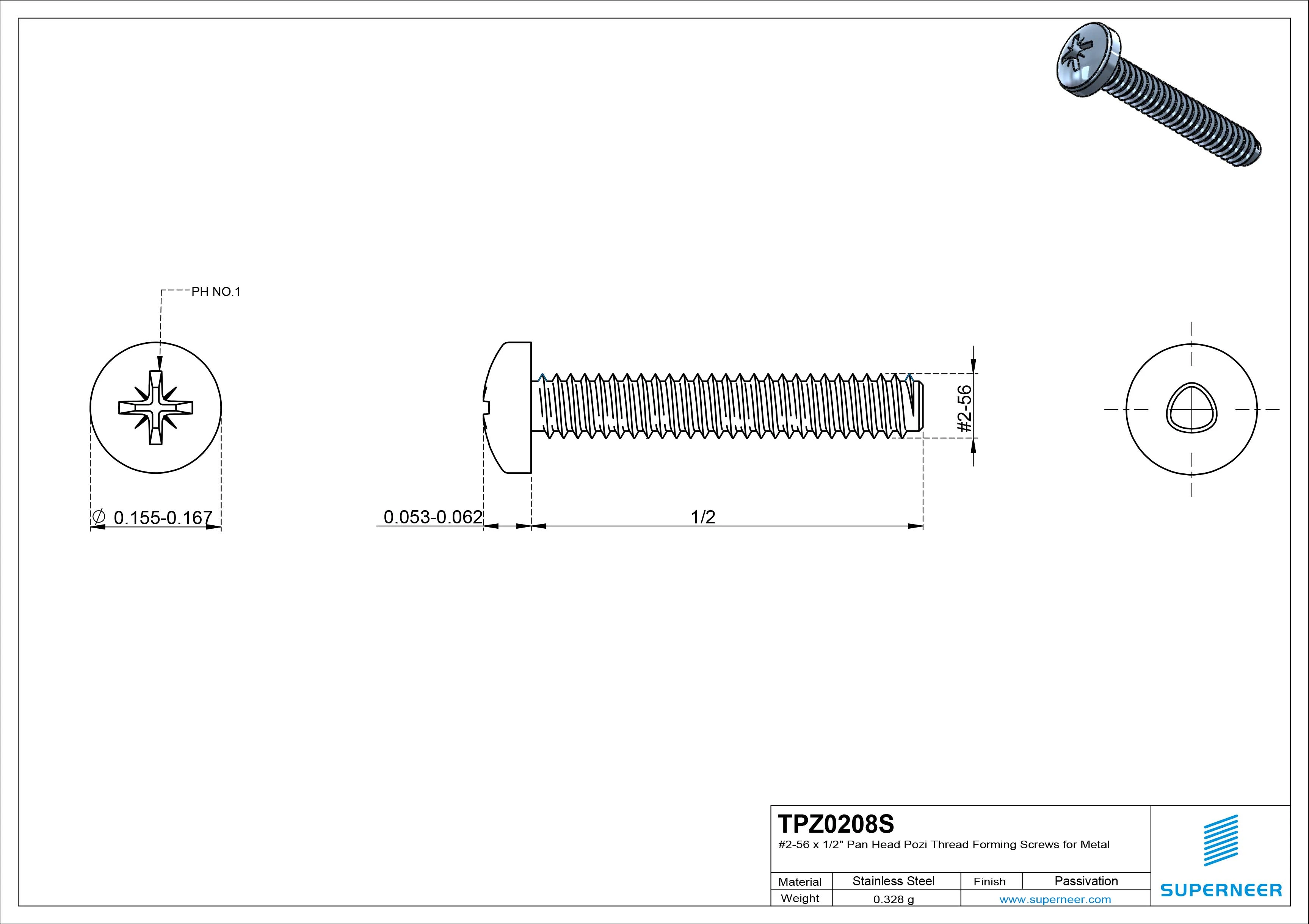 2-56 &times; 1/2 Pan Head Pozi Thread Forming  Screws for Metal  SUS304 Stainless Steel Inox