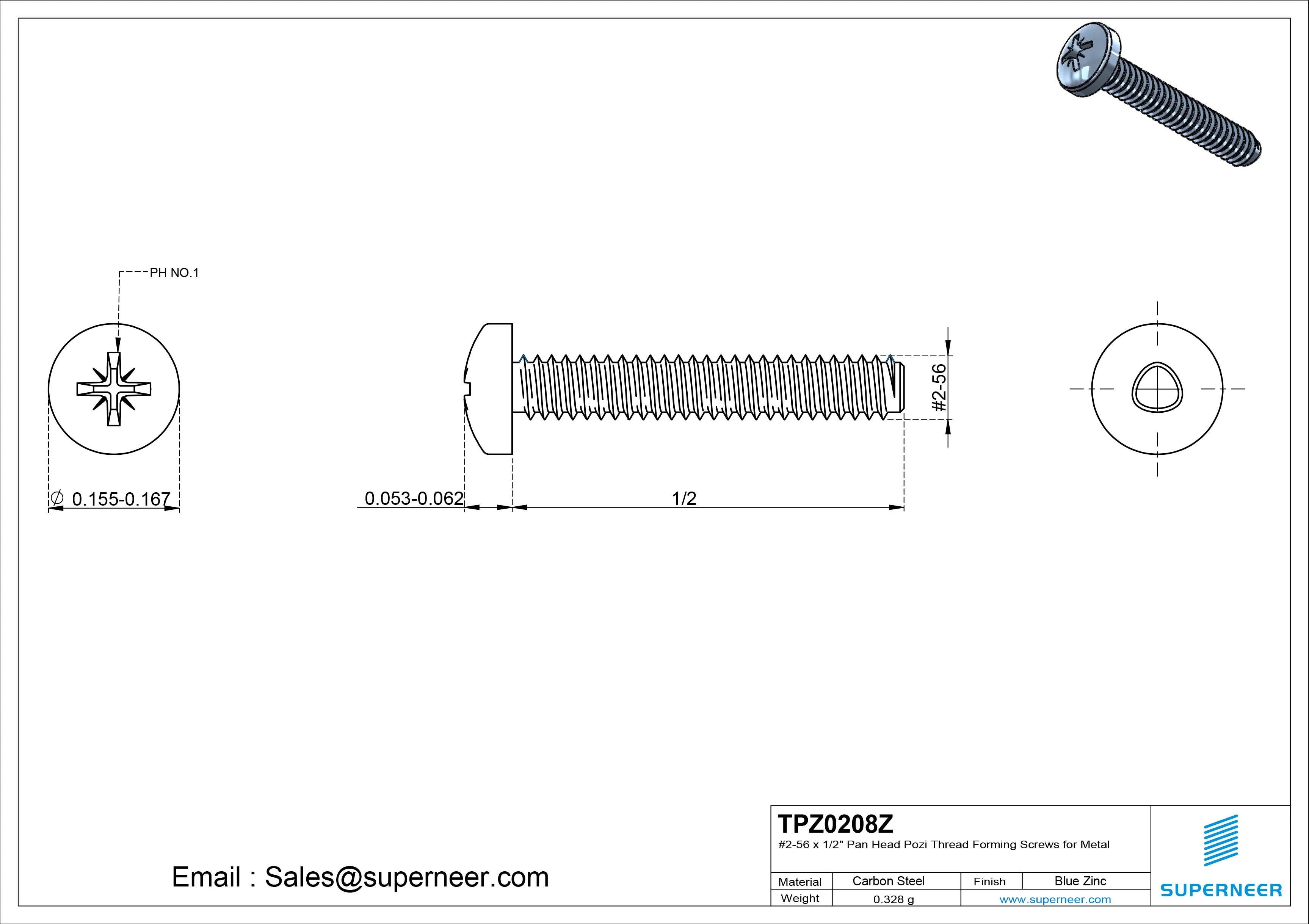 2-56 &times; 1/2 Pan Head Pozi Thread Forming  Screws for Metal  Steel Blue Zinc Plated