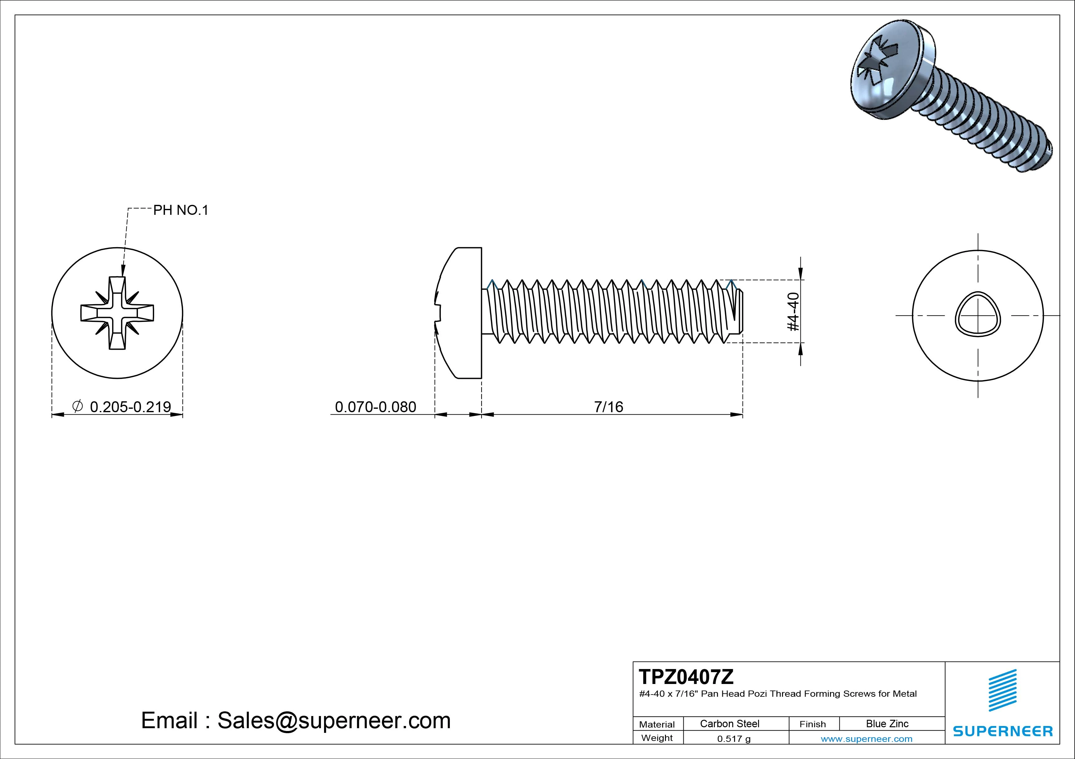4-40 &times; 7/16 Pan Head Pozi Thread Forming  Screws for Metal  Steel Blue Zinc Plated