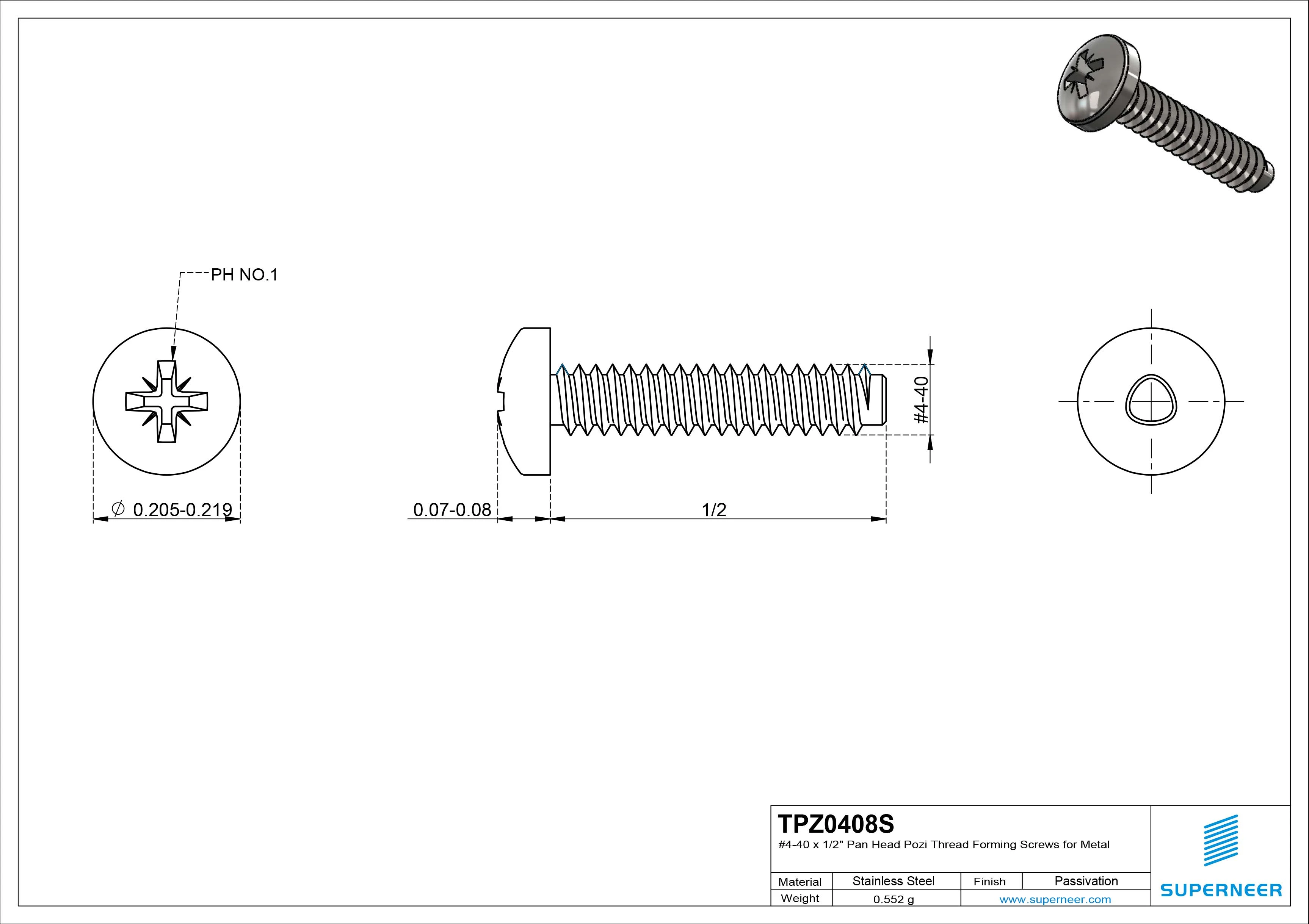 4-40 &times; 1/2 Pan Head Pozi Thread Forming  Screws for Metal  SUS304 Stainless Steel Inox