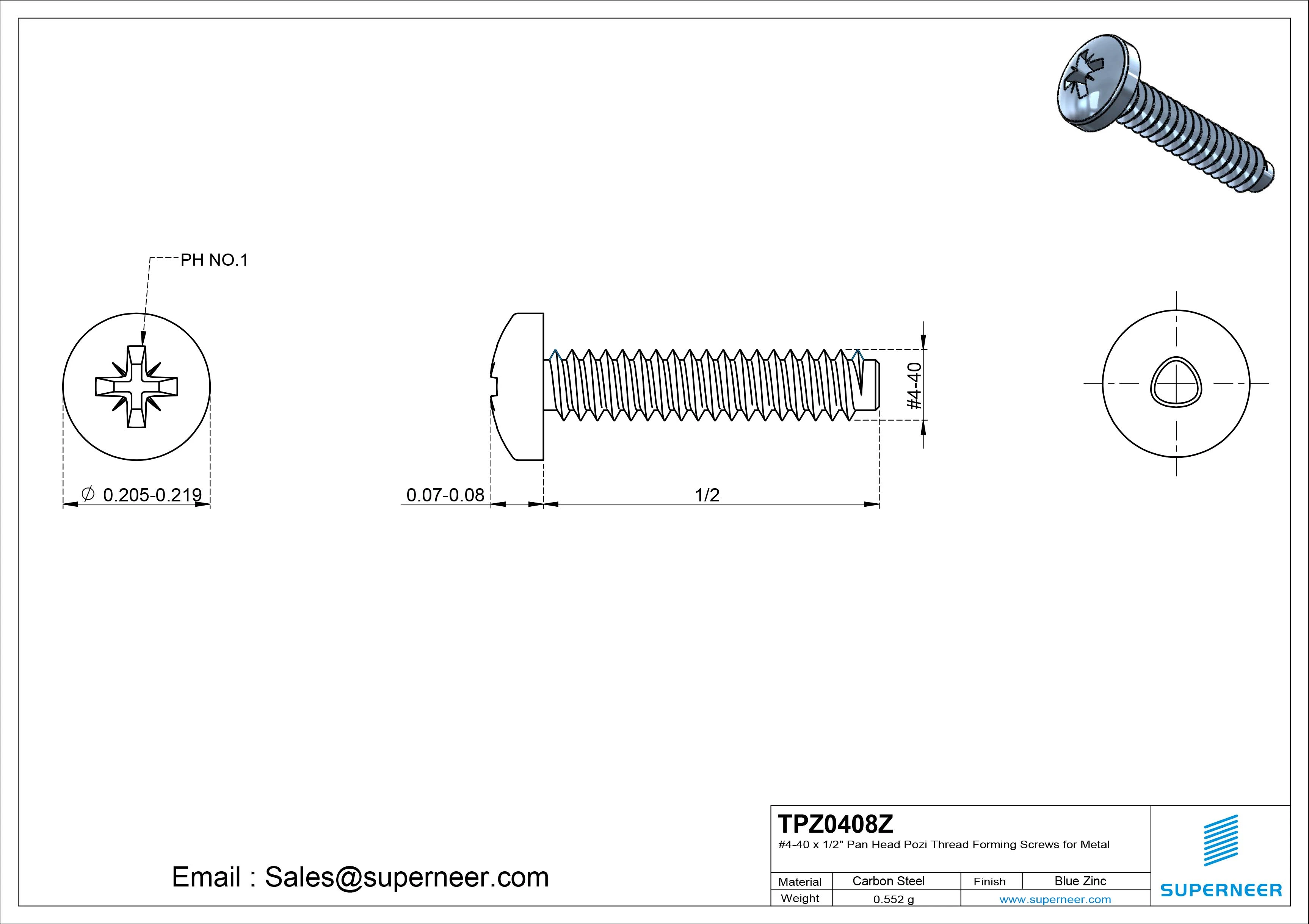 4-40 &times; 1/2 Pan Head Pozi Thread Forming  Screws for Metal  Steel Blue Zinc Plated