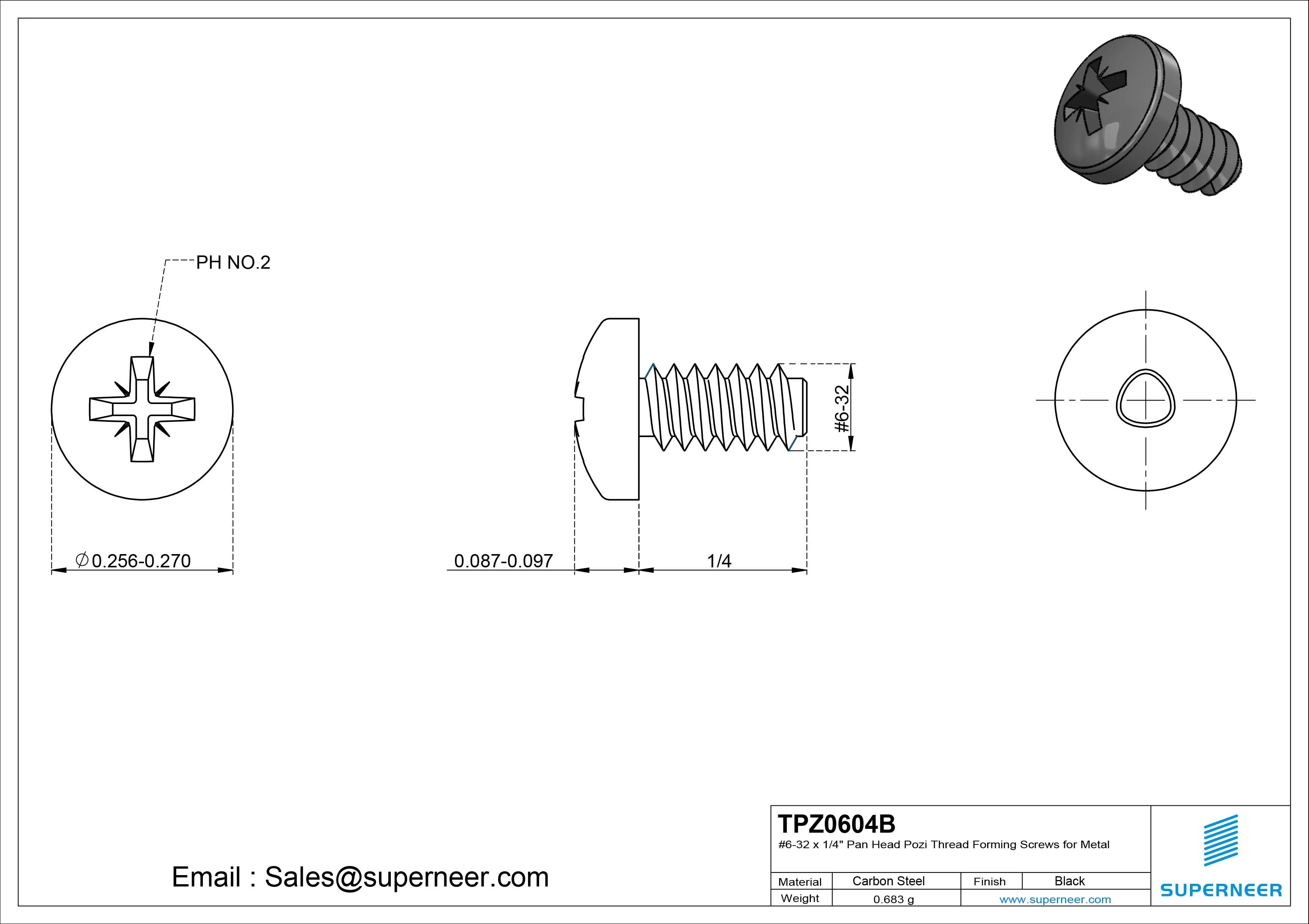 6-32 &times; 1/4 Pan Head Pozi Thread Forming  Screws for Metal  Steel Black