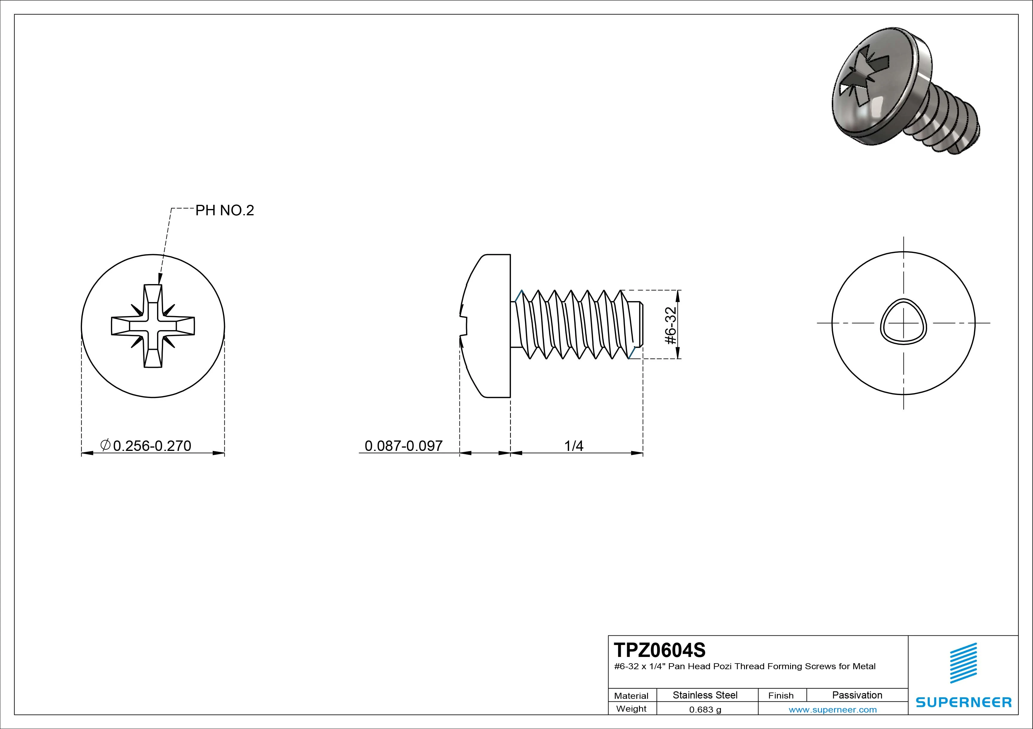 6-32 &times; 1/4 Pan Head Pozi Thread Forming  Screws for Metal  SUS304 Stainless Steel Inox