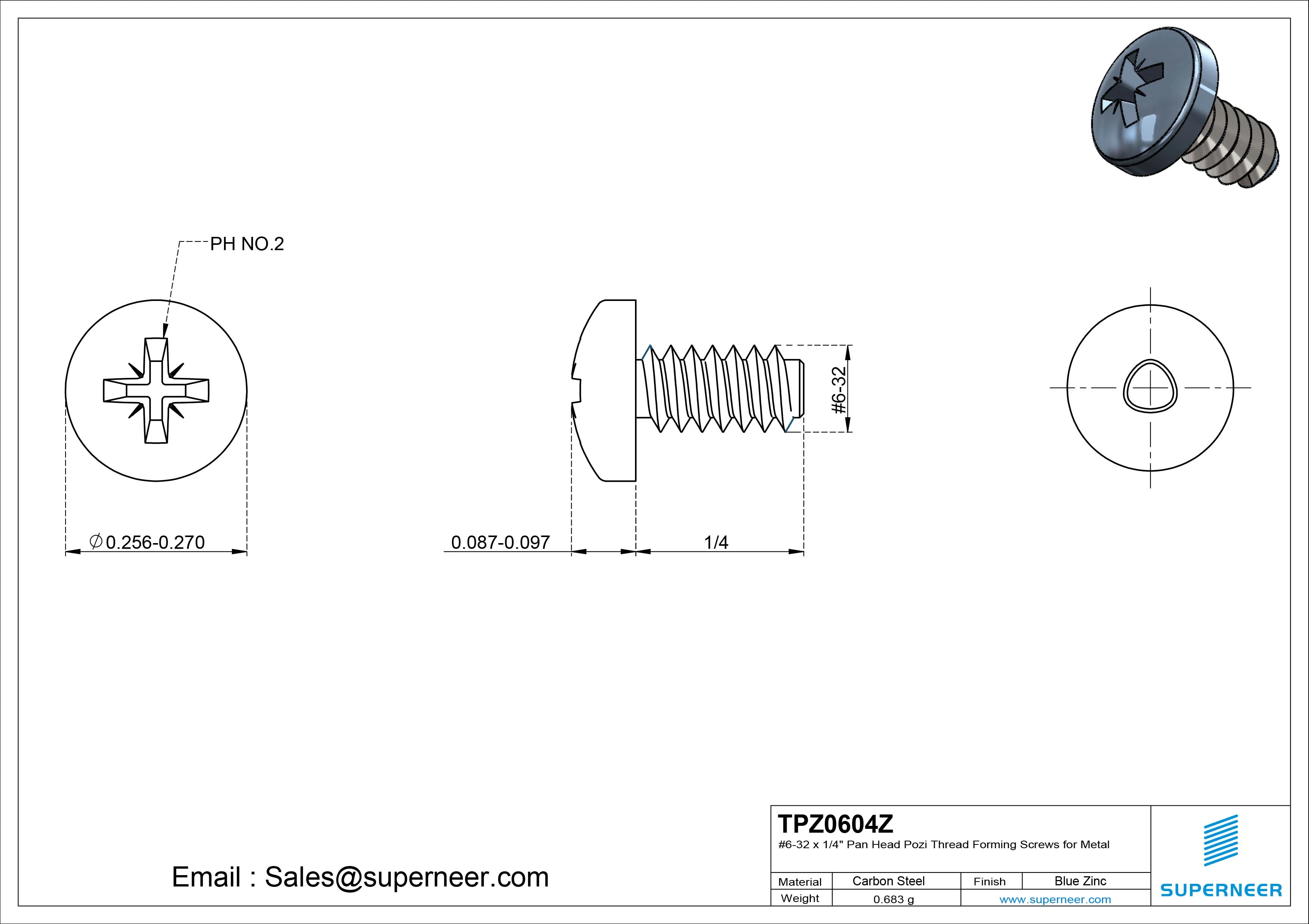 6-32 &times; 1/4 Pan Head Pozi Thread Forming  Screws for Metal  Steel Blue Zinc Plated