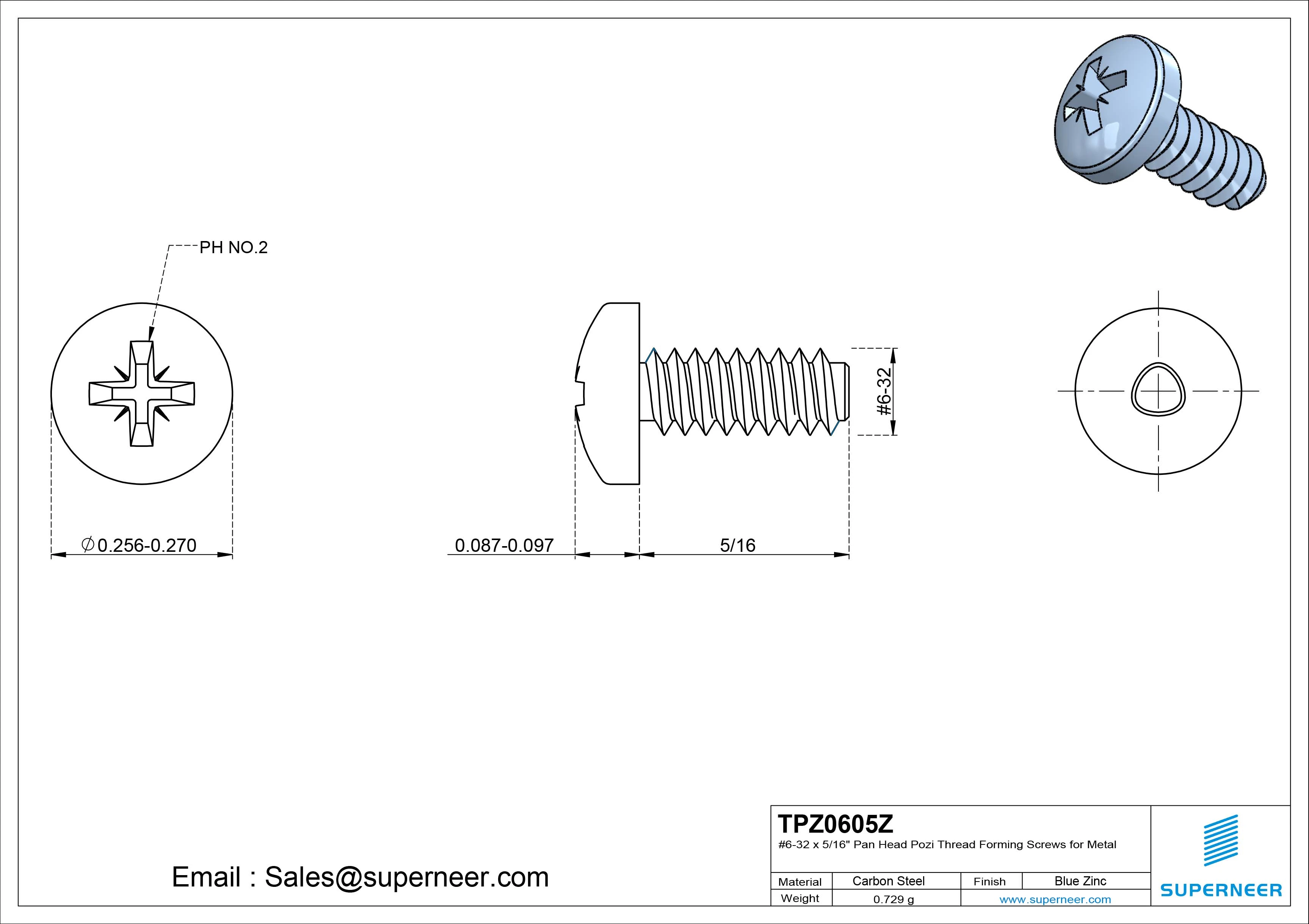 6-32 &times; 5/16 Pan Head Pozi Thread Forming  Screws for Metal  Steel Blue Zinc Plated
