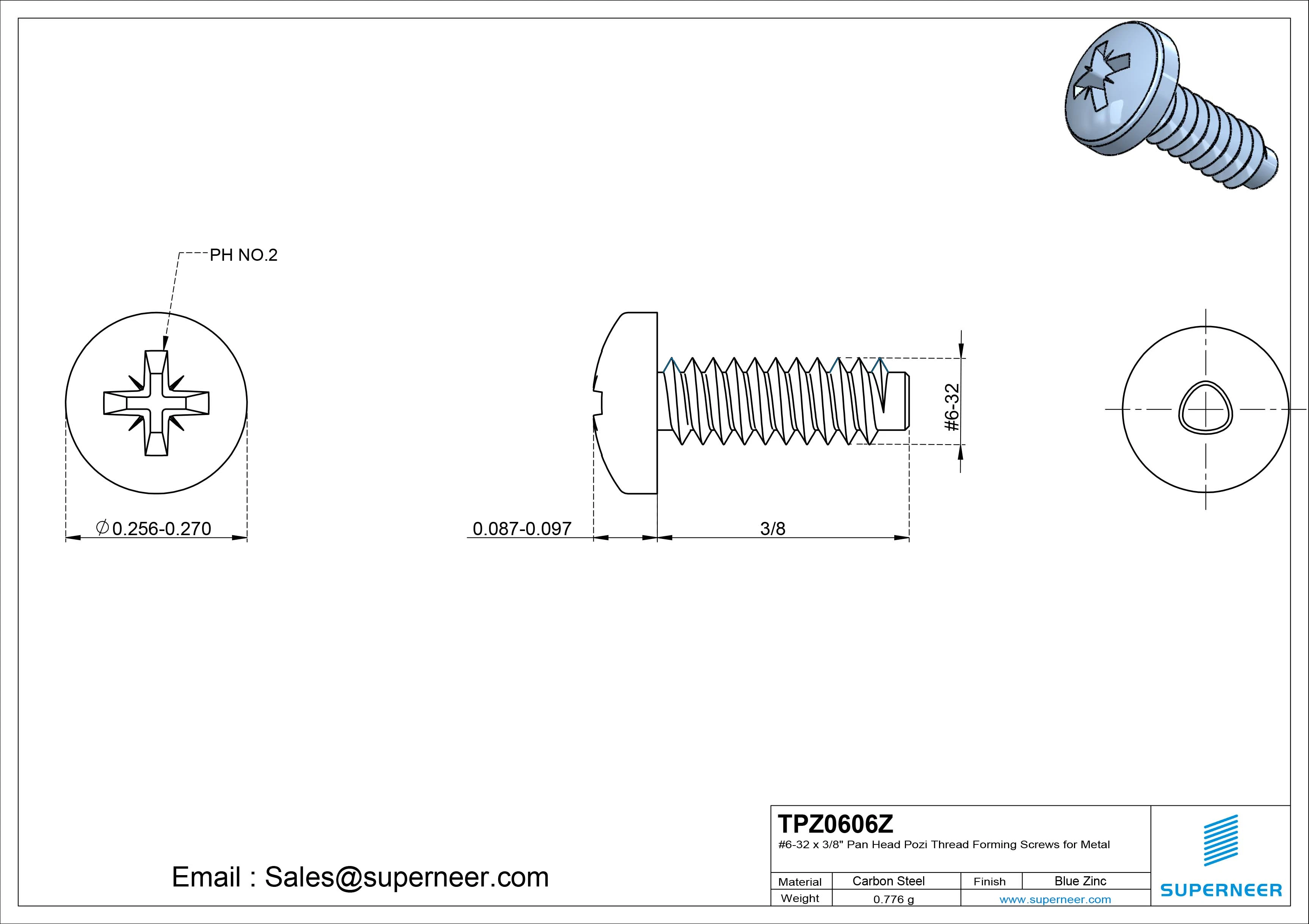 6-32 &times; 3/8 Pan Head Pozi Thread Forming  Screws for Metal  Steel Blue Zinc Plated