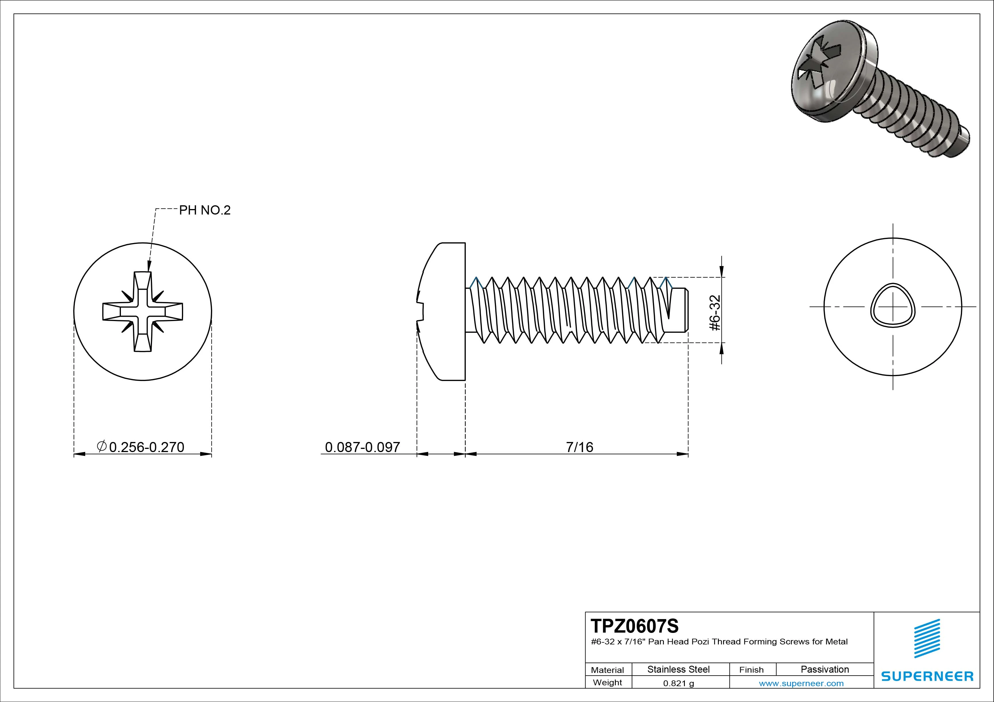 6-32 &times; 7/16 Pan Head Pozi Thread Forming  Screws for Metal  SUS304 Stainless Steel Inox