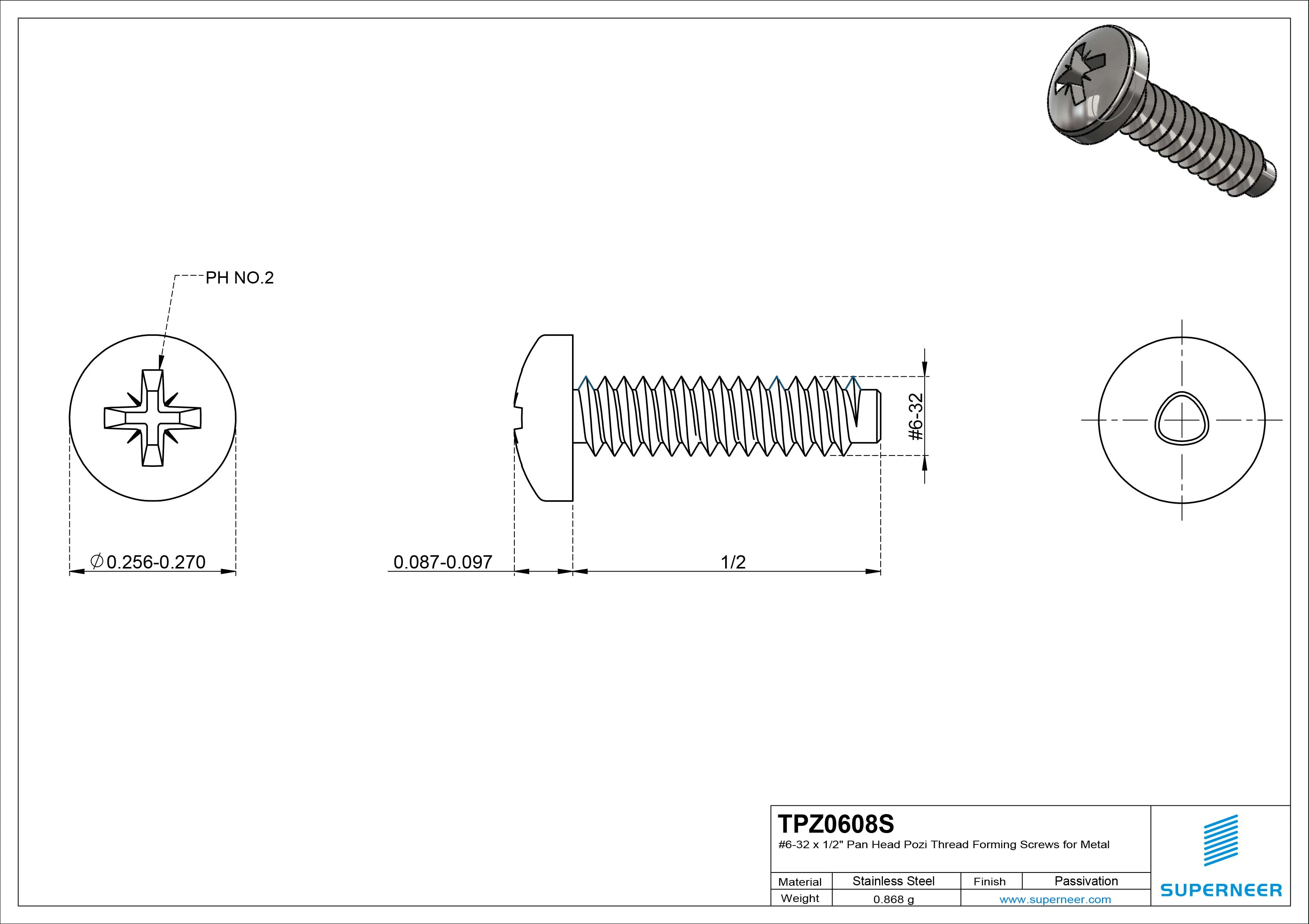 6-32 &times; 1/2 Pan Head Pozi Thread Forming  Screws for Metal  SUS304 Stainless Steel Inox