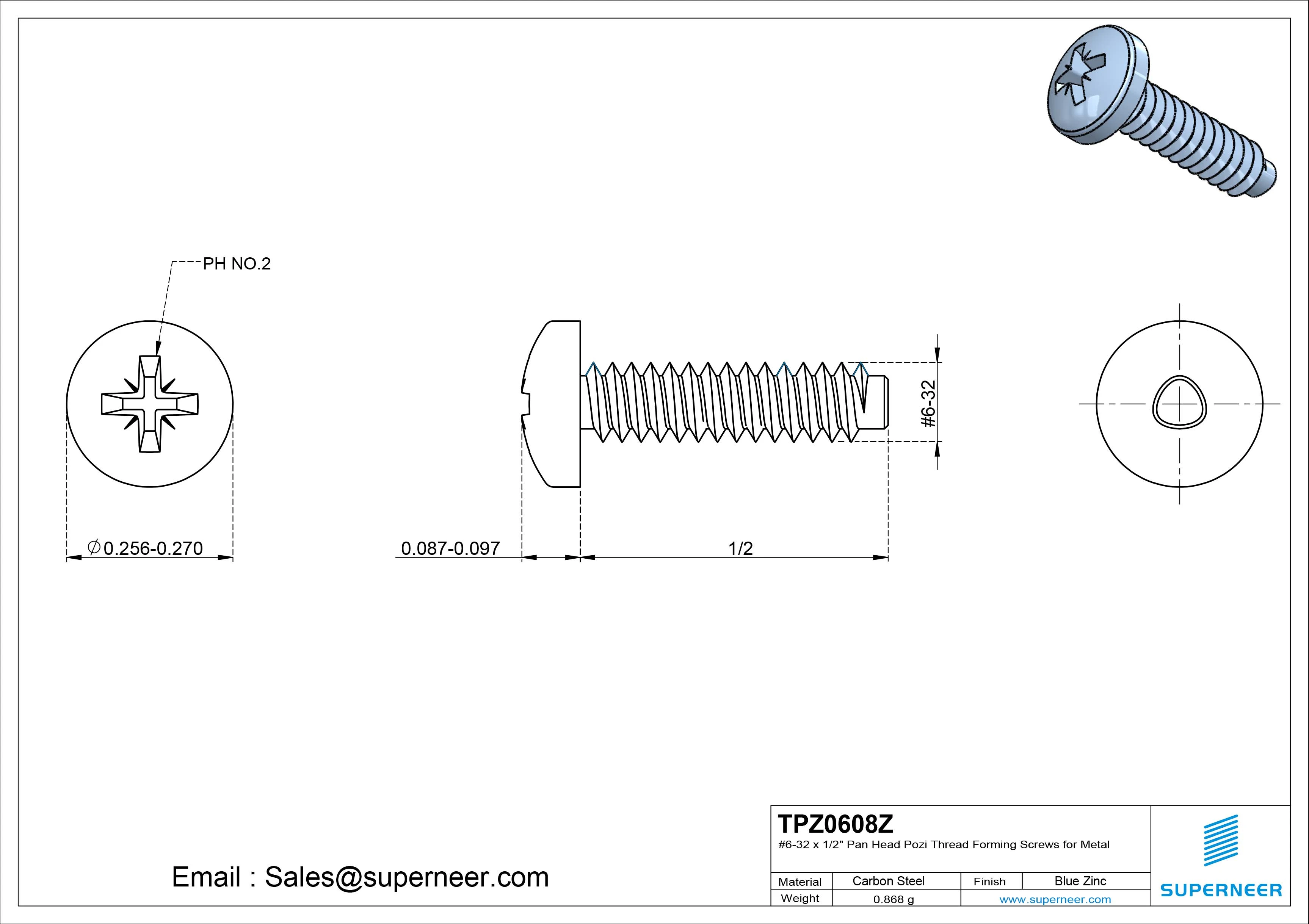 6-32 &times; 1/2 Pan Head Pozi Thread Forming  Screws for Metal  Steel Blue Zinc Plated