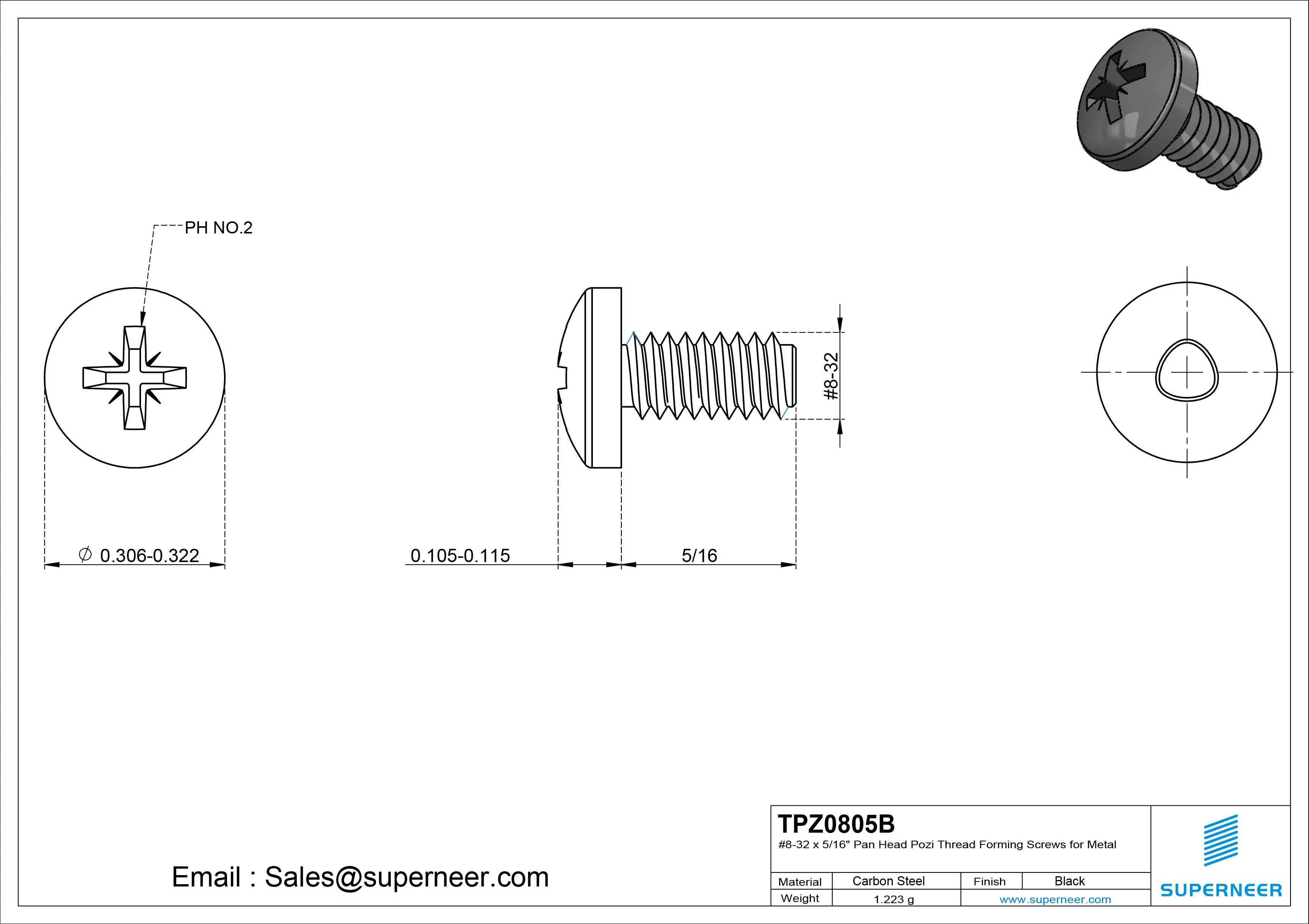 8-32 &times; 5/16 Pan Head Pozi Thread Forming  Screws for Metal  Steel Black