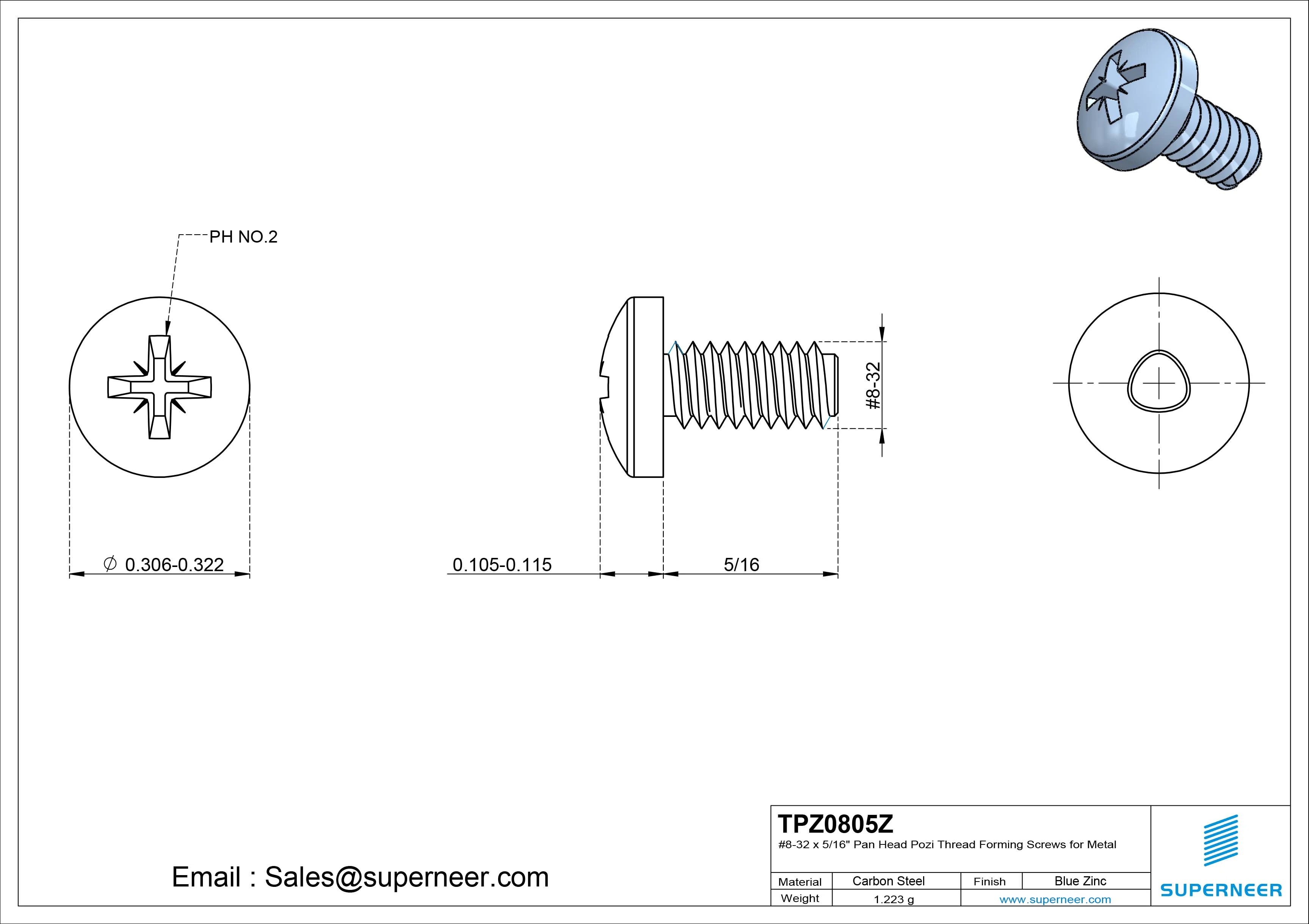 8-32 &times; 5/16 Pan Head Pozi Thread Forming  Screws for Metal  Steel Blue Zinc Plated
