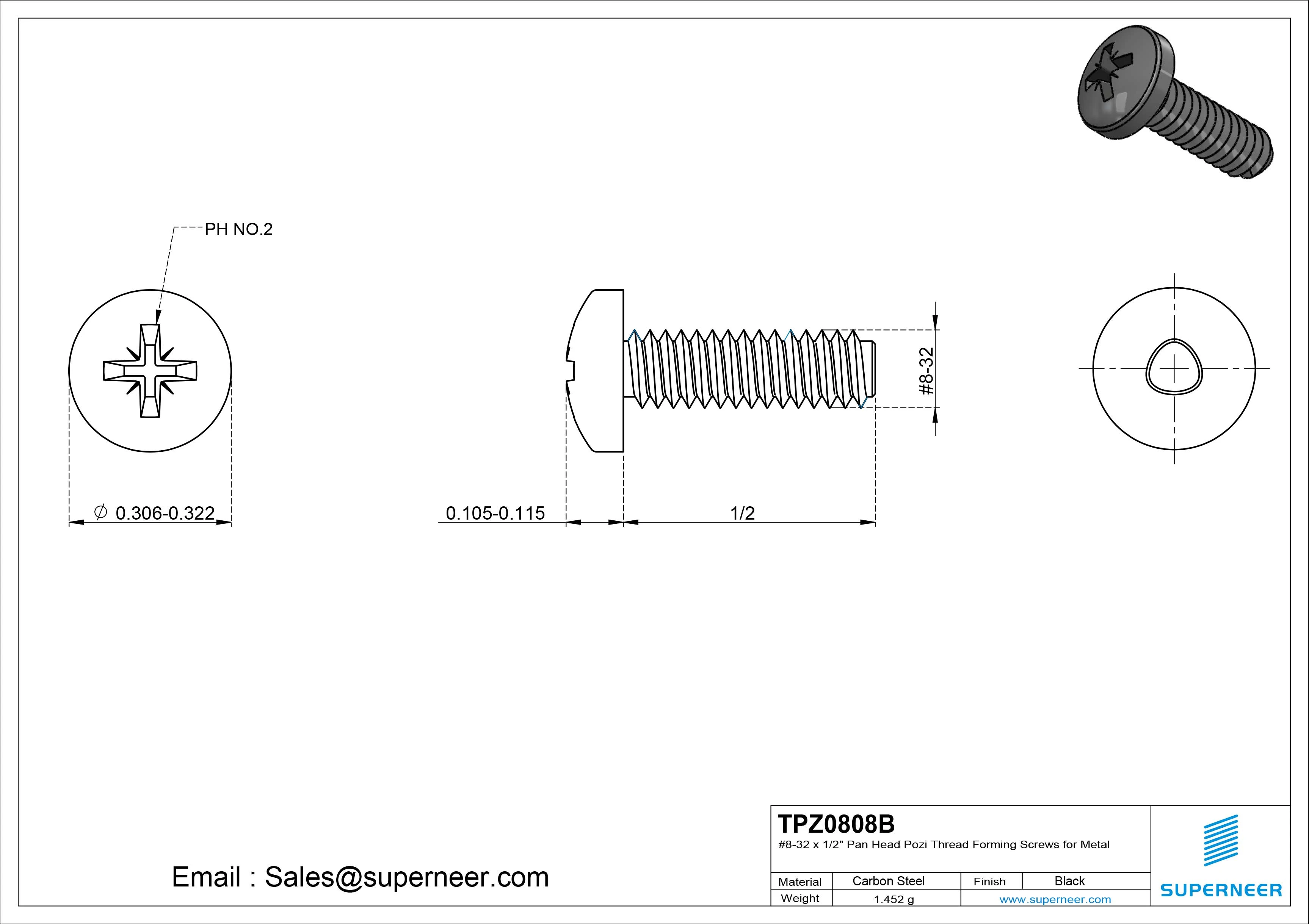 8-32 &times; 1/2 Pan Head Pozi Thread Forming  Screws for Metal  Steel Black