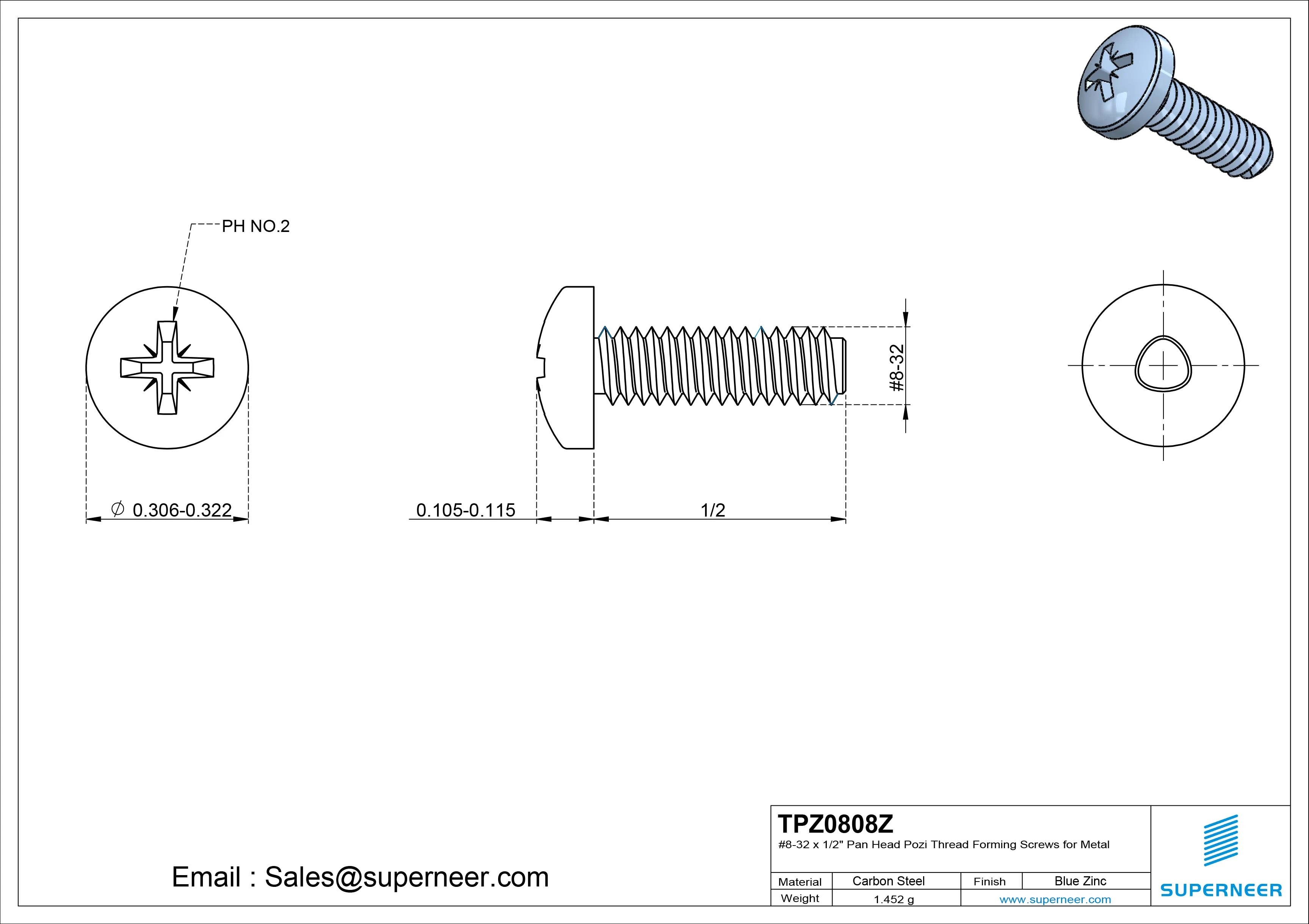 8-32 &times; 1/2 Pan Head Pozi Thread Forming  Screws for Metal  Steel Blue Zinc Plated