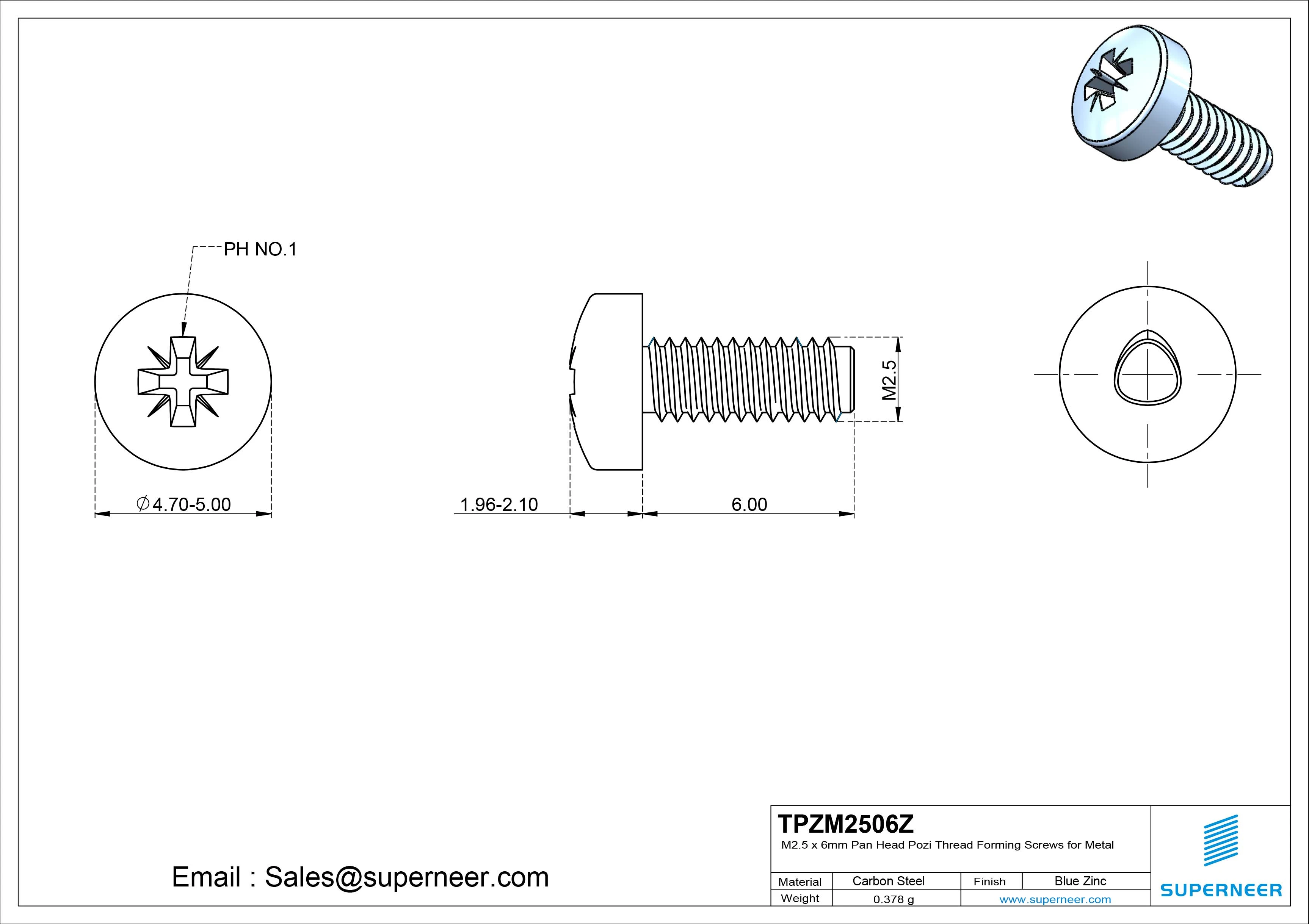 M2.5 &times; 6mm Pan Head Pozi Thread Forming Screws for Metal Steel Blue Zinc Plated