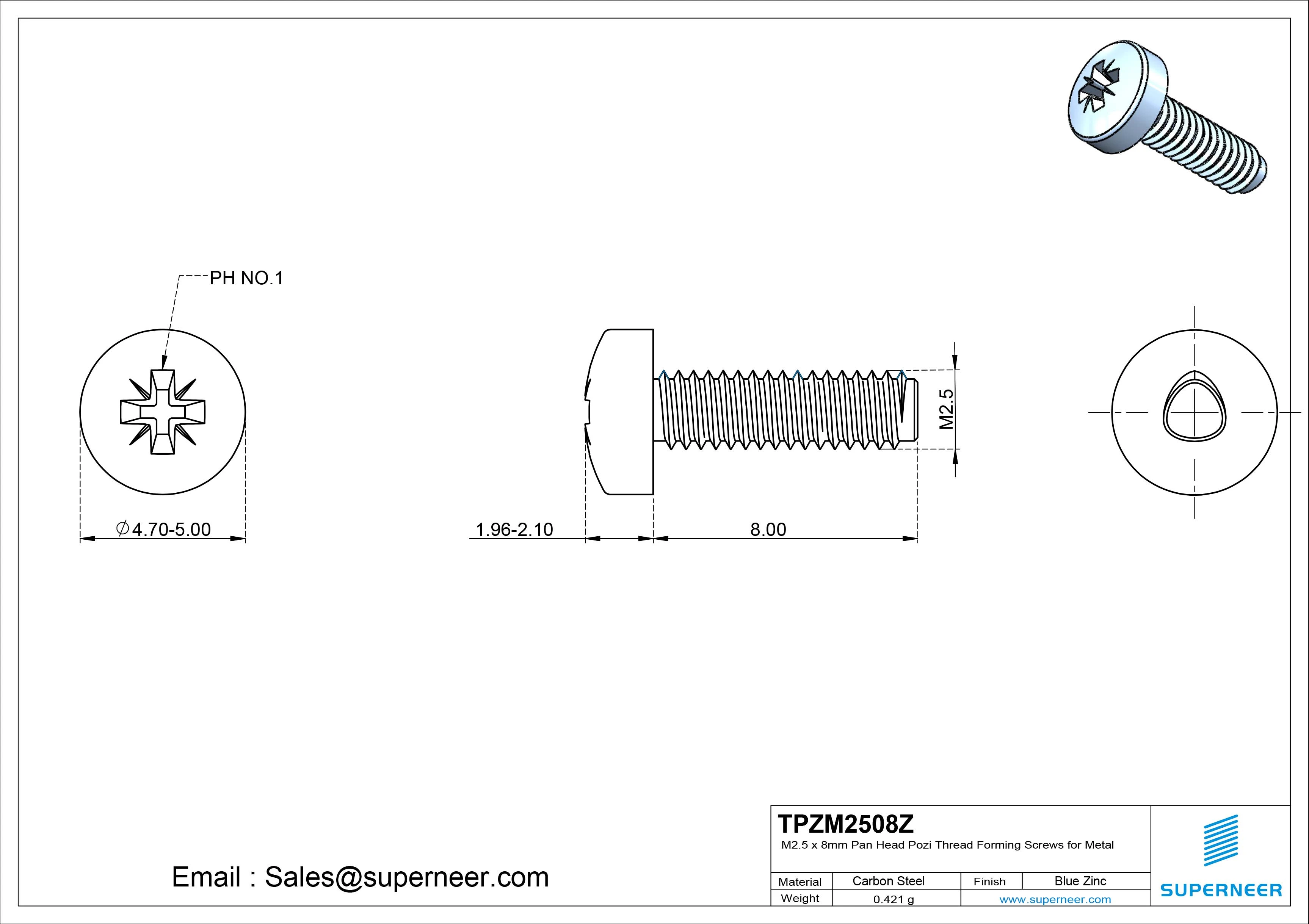 M2.5 &times; 8mm Pan Head Pozi Thread Forming Screws for Metal Steel Blue Zinc Plated