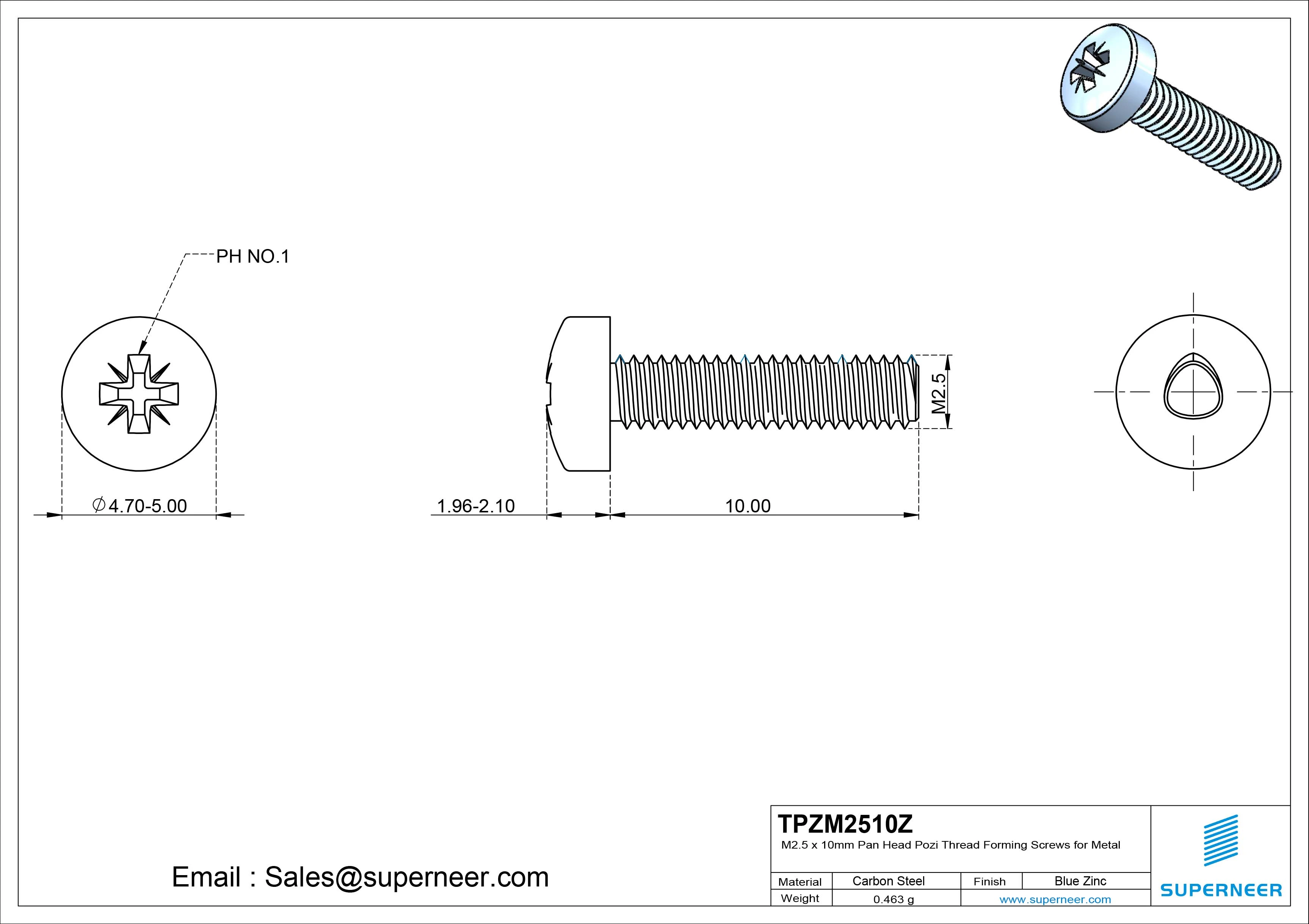 M2.5 &times; 10mm Pan Head Pozi Thread Forming Screws for Metal Steel Blue Zinc Plated