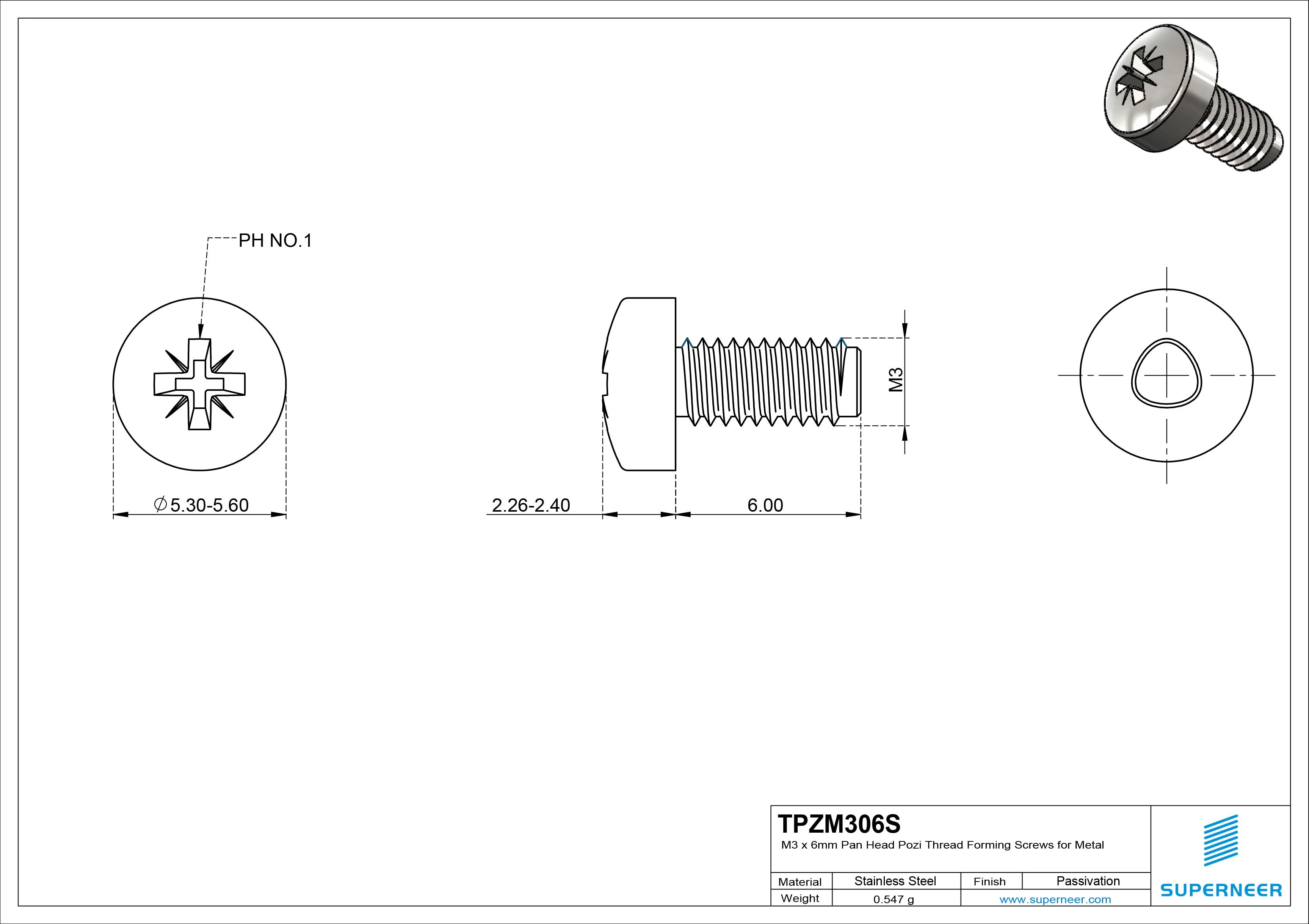 M3 &times; 6mm Pan Head Pozi Thread Forming Screws for Metal SUS304 Stainless Steel Inox