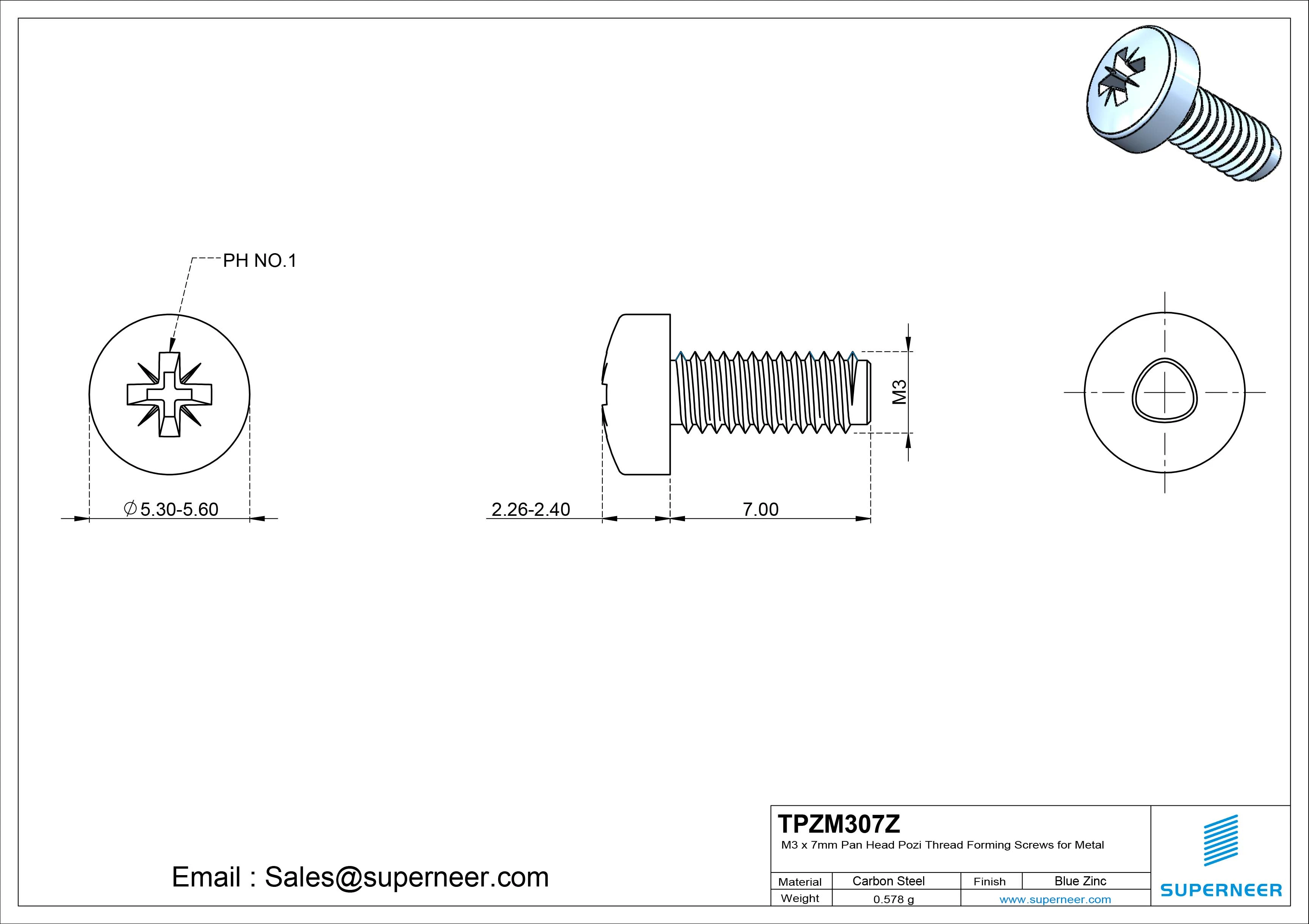M3 &times; 7mm Pan Head Pozi Thread Forming Screws for Metal Steel Blue Zinc Plated