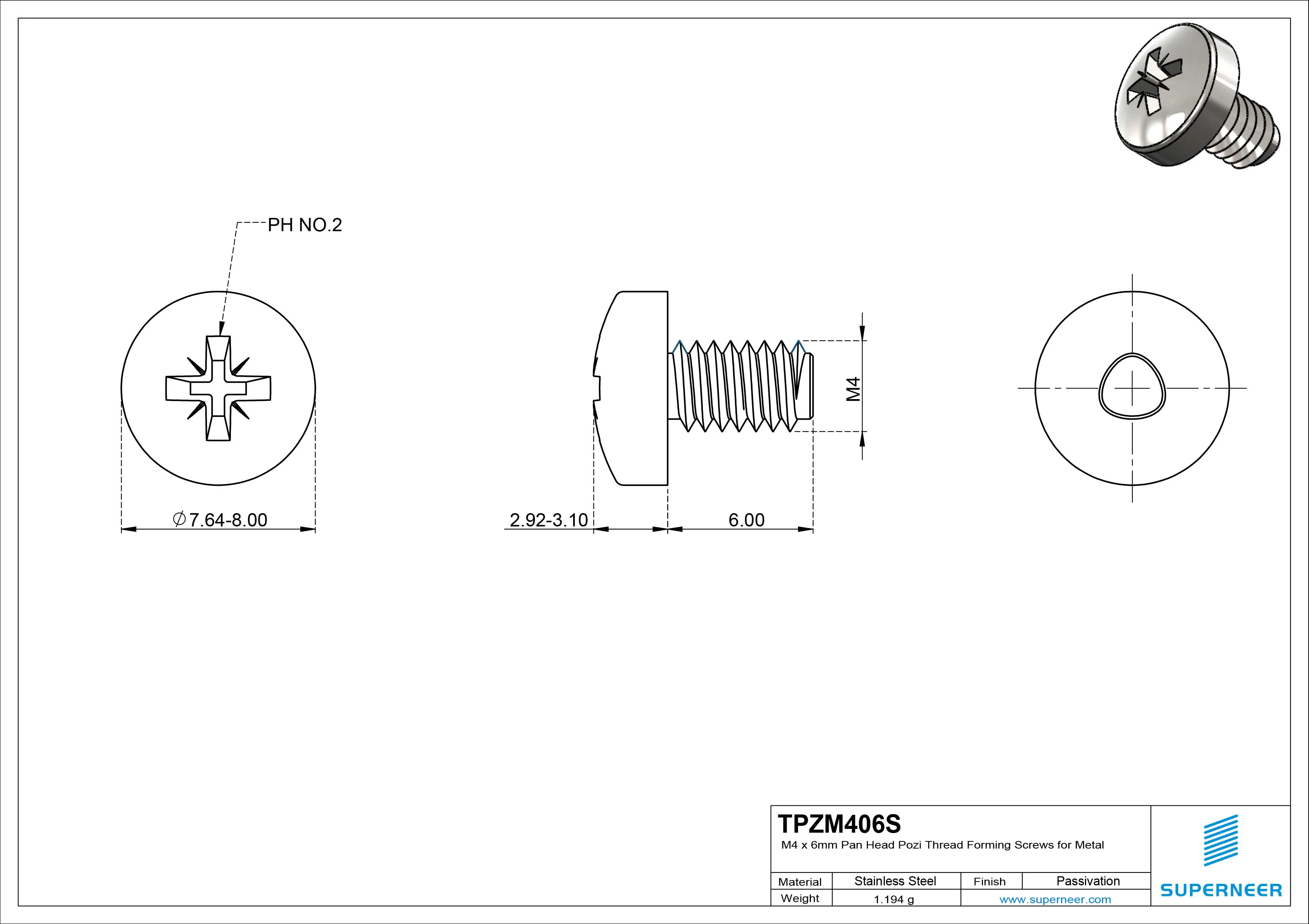 M4 &times; 6mm Pan Head Pozi Thread Forming Screws for Metal SUS304 Stainless Steel Inox