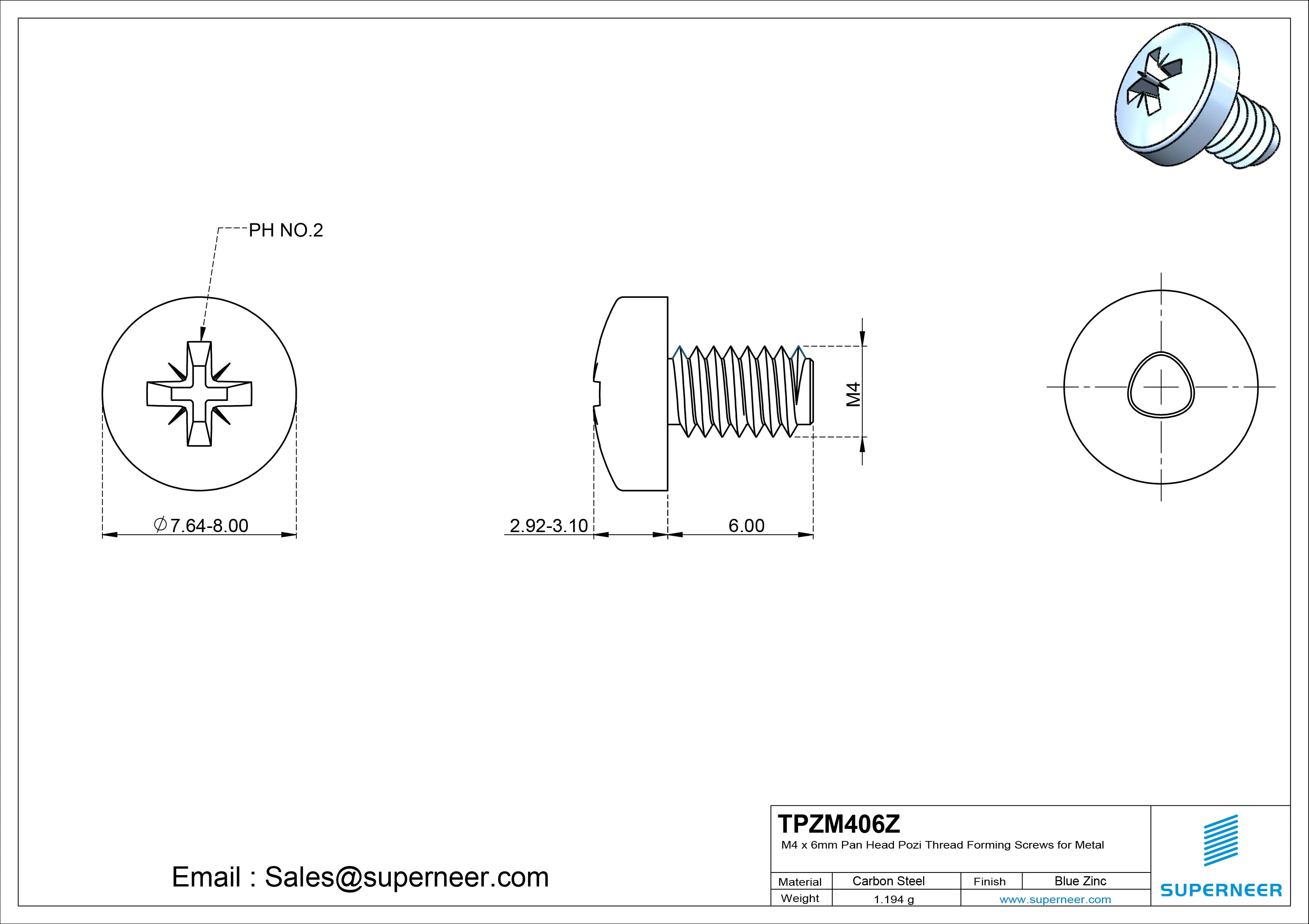 M4 &times; 6mm Pan Head Pozi Thread Forming Screws for Metal Steel Blue Zinc Plated