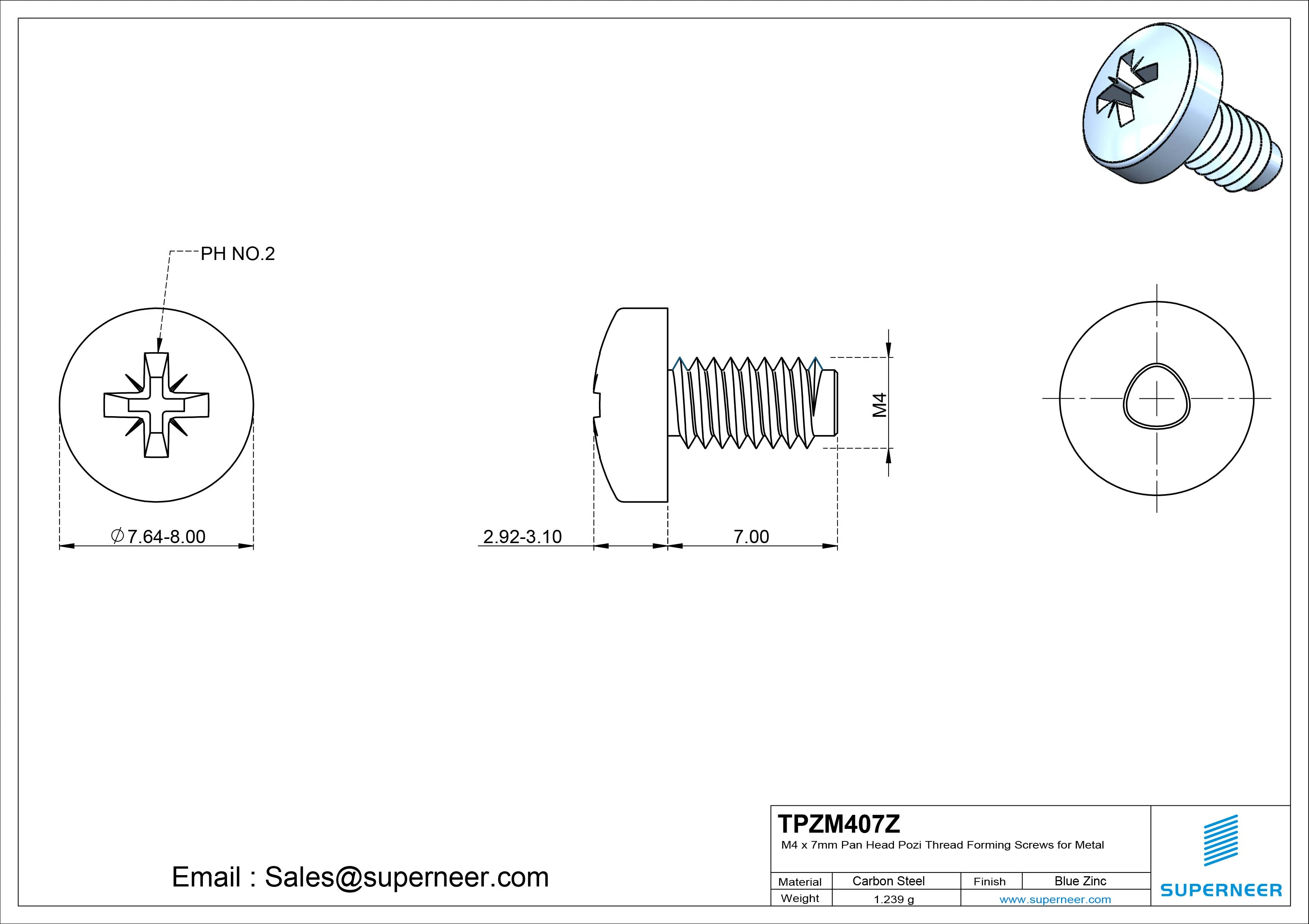 M4 &times; 7mm Pan Head Pozi Thread Forming Screws for Metal Steel Blue Zinc Plated